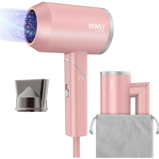 Travel Hairdryer for Women Lightweight - DEWILY Small Travel Hair Dryers with Bag?Powerful Foldable Blow Dryer, Fast Drying 1800W Pink