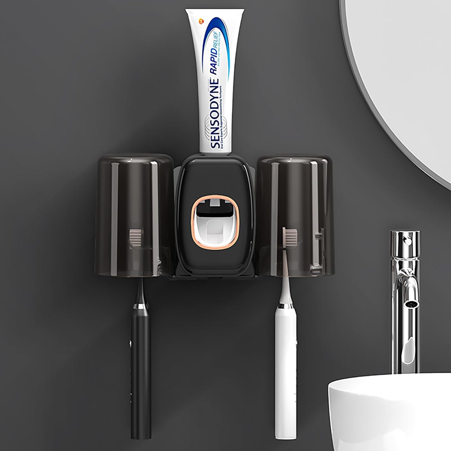Braozaiw toothbrush holder wall mounted, toothpaste dispenser, electric toothbrush holder, With 4 Brush Slots 2 Cups No Drilling Required (Black)