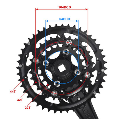 CYSKY 3x 9/10 Speed Bike Crankset 170mm 104/64 BCD Crank Arm Set 44-32-22T/42-32-24T Easy to Replacement MTB BMX Road Bicycle Crankset Compatible with