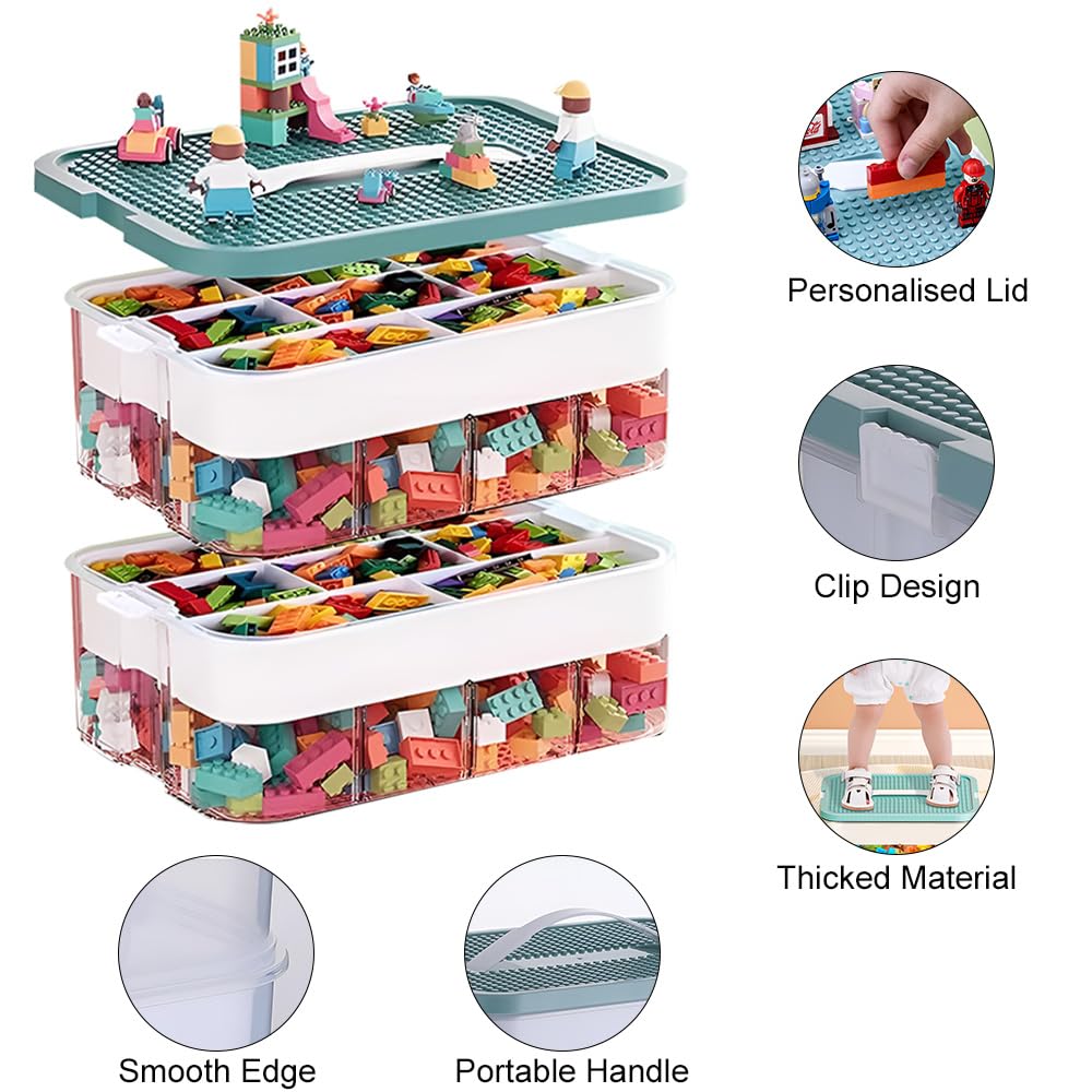 Storage Boxes,Kids Toy Lego Box,Stackable Toys Organizer with Lid,Handle,Plastic Multi Compartment Containers Chest Case for Storing