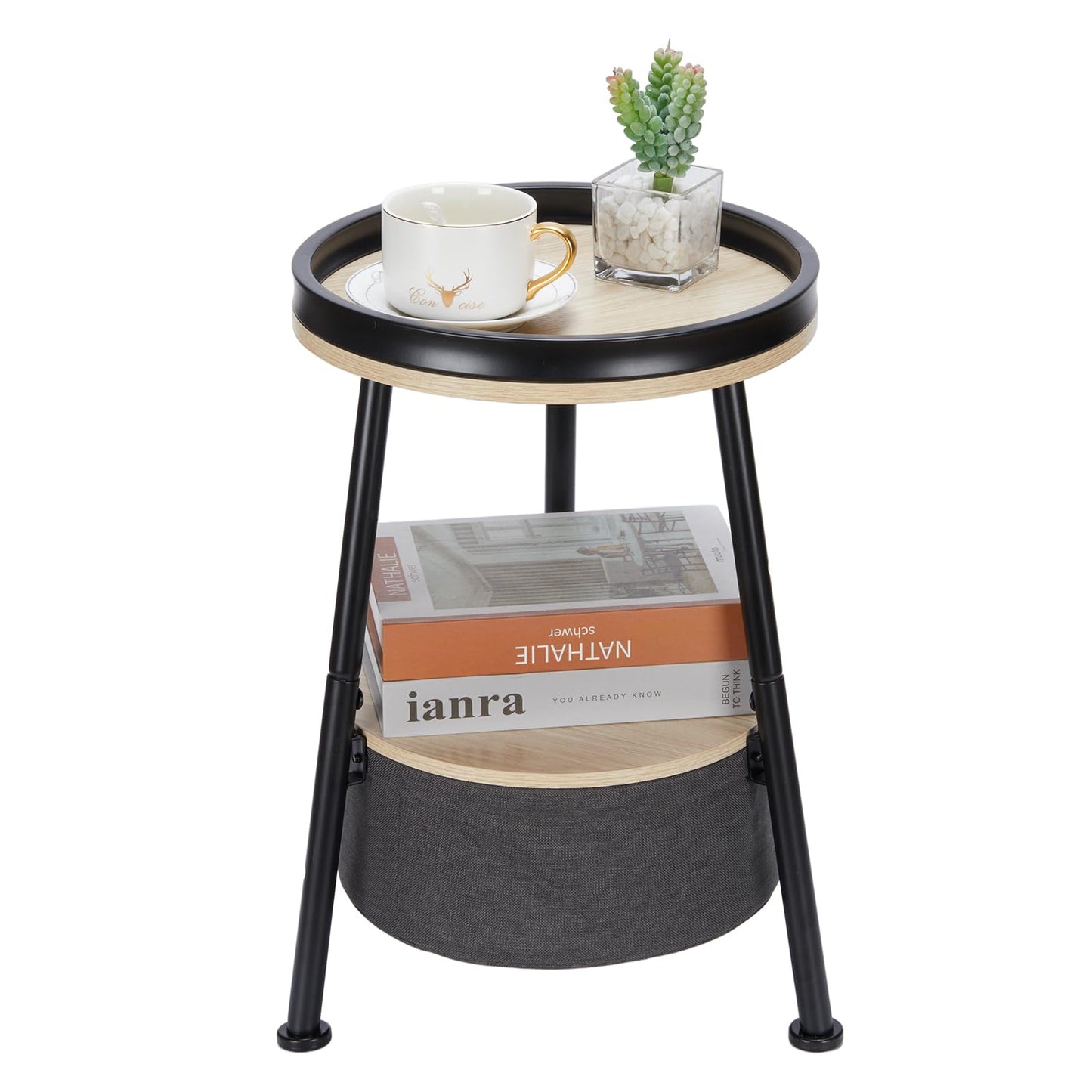 DREAMSOULE Industrial Round Side Table with Storage, Small 2 Tier End Table with Basket and Storage Tray for Indoor Outdoor Patio