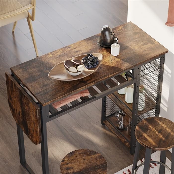 Bestier Bar Table and Chair Set, Expandable Dining Table with 2 Bar Stools, Industrial Kitchen Counter with Wine Rack & 3 Tier Adjustable Storage