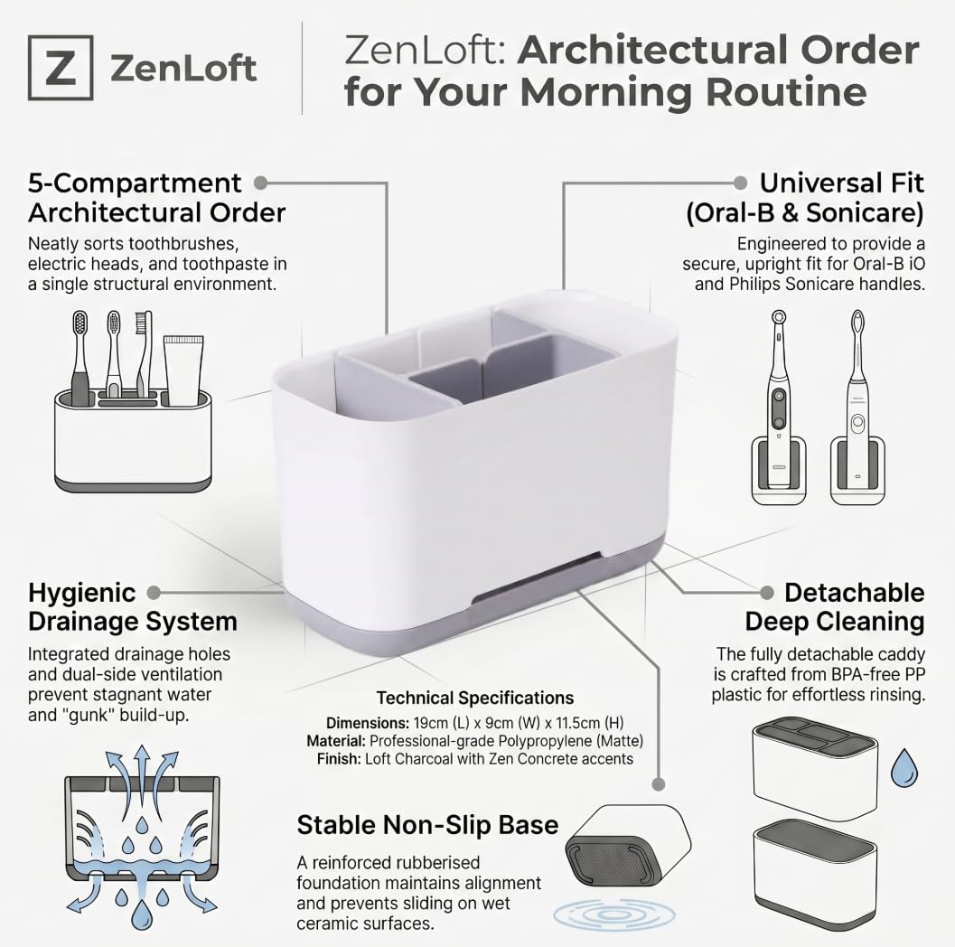 ZenLoft Electric Toothbrush Holder - 5 Compartment Bathroom Organiser for Countertop, Detachable Hygienic Caddy with Drainage