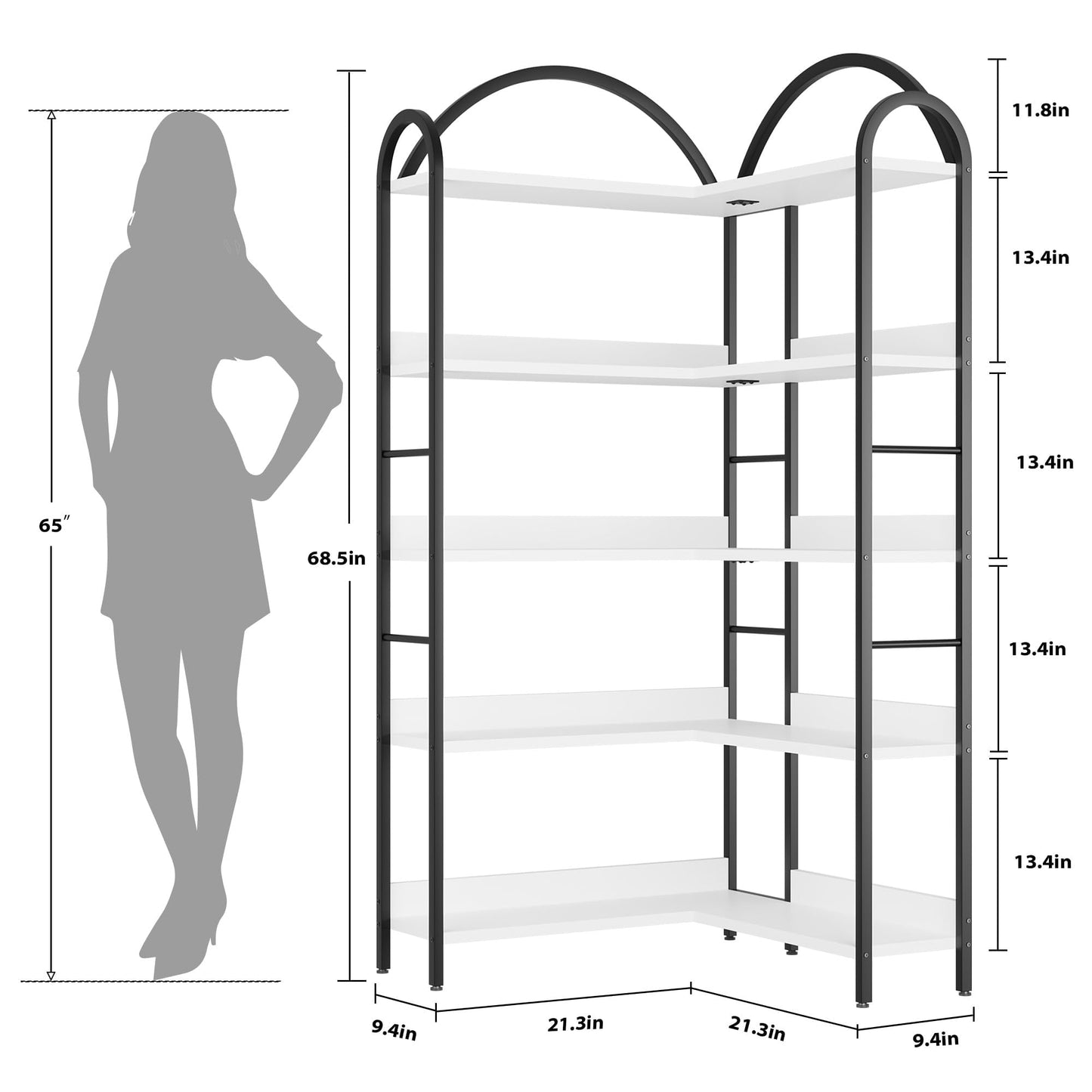Crevyteg 68.5" Arched Industrial Corner Bookcase - 5-Tier Large Bookshelf with Wood Shelves and Metal Frame - Modern Storage Display for Home Office