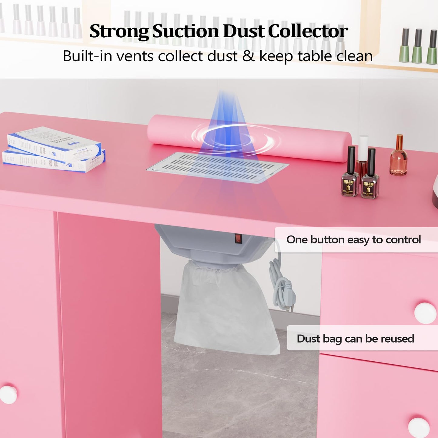 Bonnlo Manicure Table Nail Desk for Nail Tech, Nail Table Beauty Salon Station, with Electric Dust Collector Acetone Resistant
