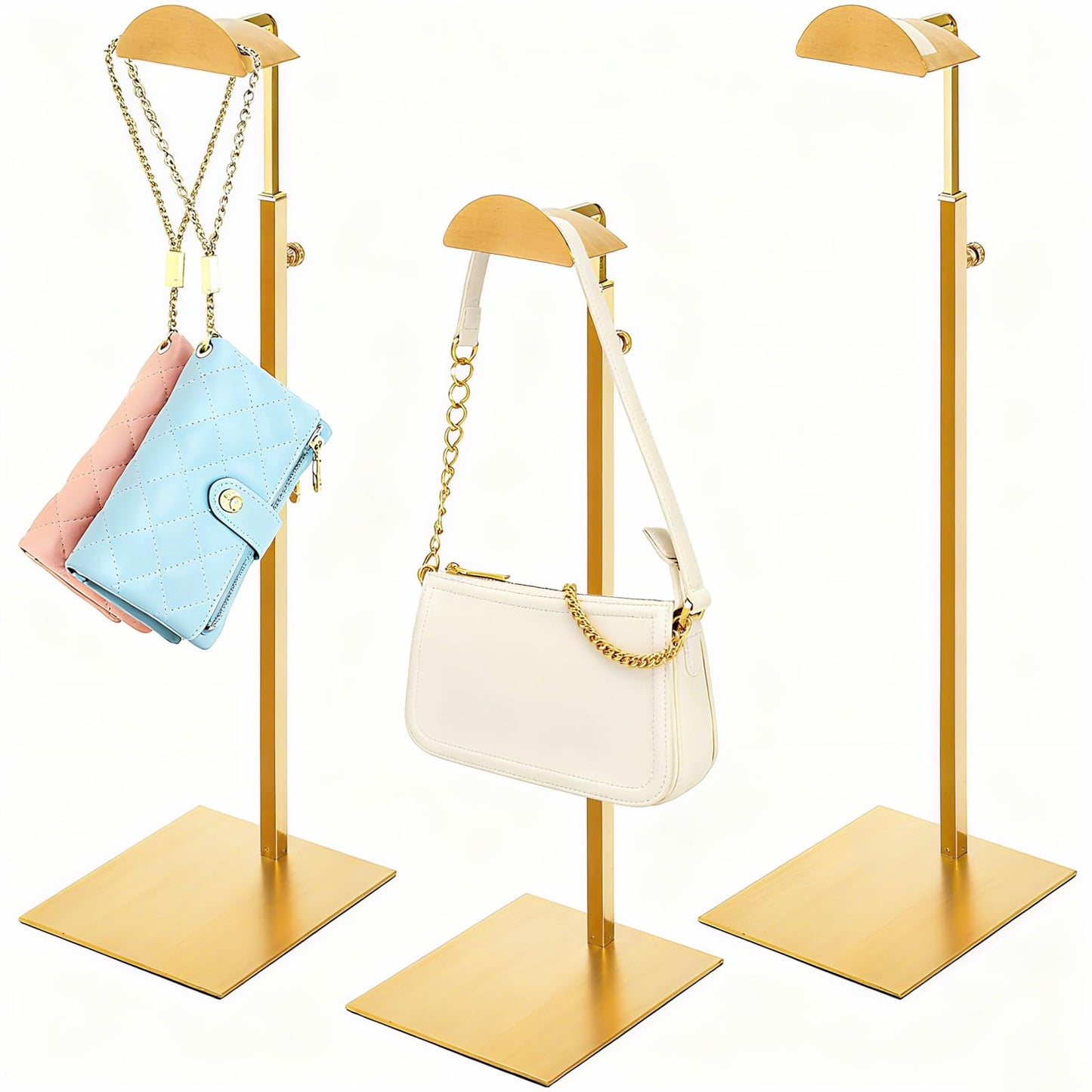 Hacaroa Set of 3 Purse Display Stand Stainless Steel, Adjustable Metal Handbag Holder Gold Tabletop Bag Rack