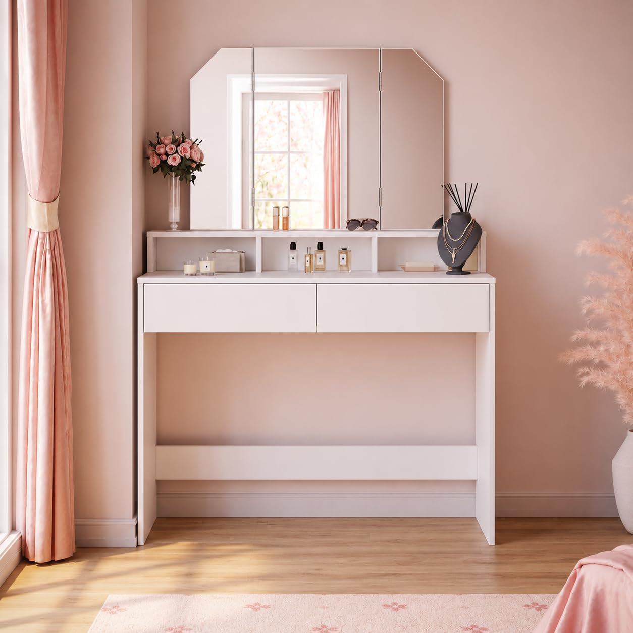 ELEGANT Dressing Table with180° Tri-fold Mirror & 2 Drawers, 100x40x142cm