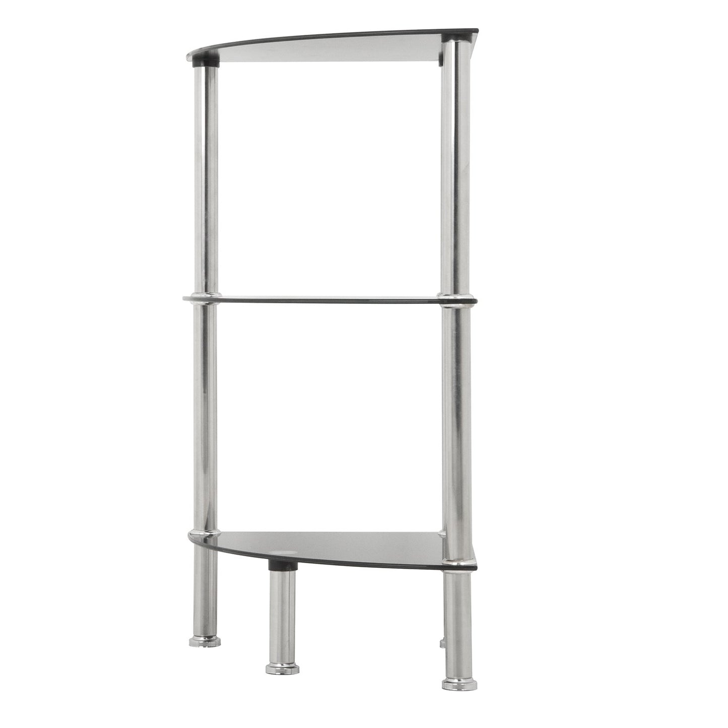MAHARA 3 Tier Chrome Effect Black Corner Glass Shelving Unit - Tempered Safety Glass Shelves Max 5kg - Storage Unit W41cm x D30cm x H61.5cm