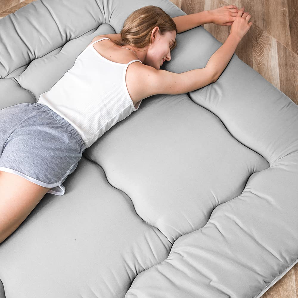 MAXYOYO Japanese Floor Futon Mattress, Thicken Tatami Mat Sleeping Pad Foldable Roll Up Mattress Dormitory Lounger Pillow Bed Single, Gray
