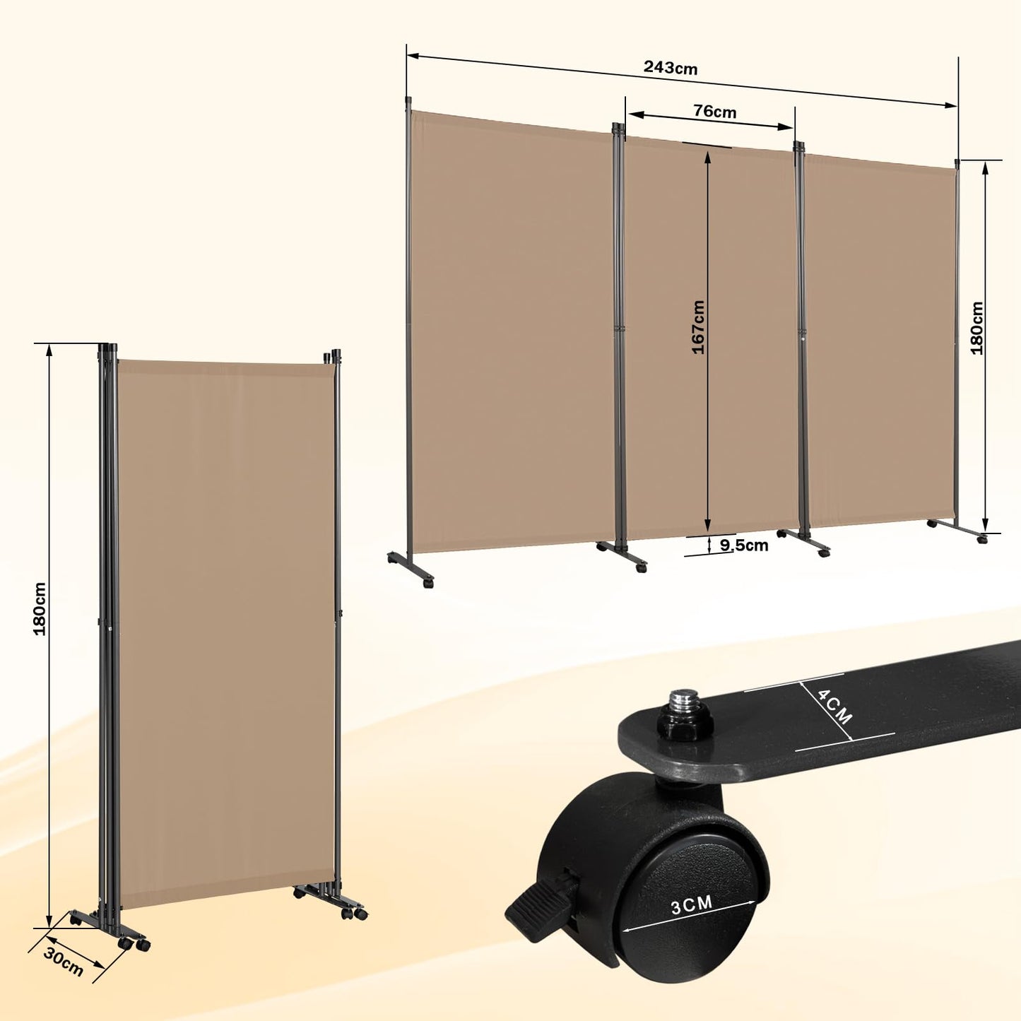 Angel Living 3 Panels Folding Room Divider, Privacy Screen Composed of Polyester Fabric and Sturdy Iron Frame