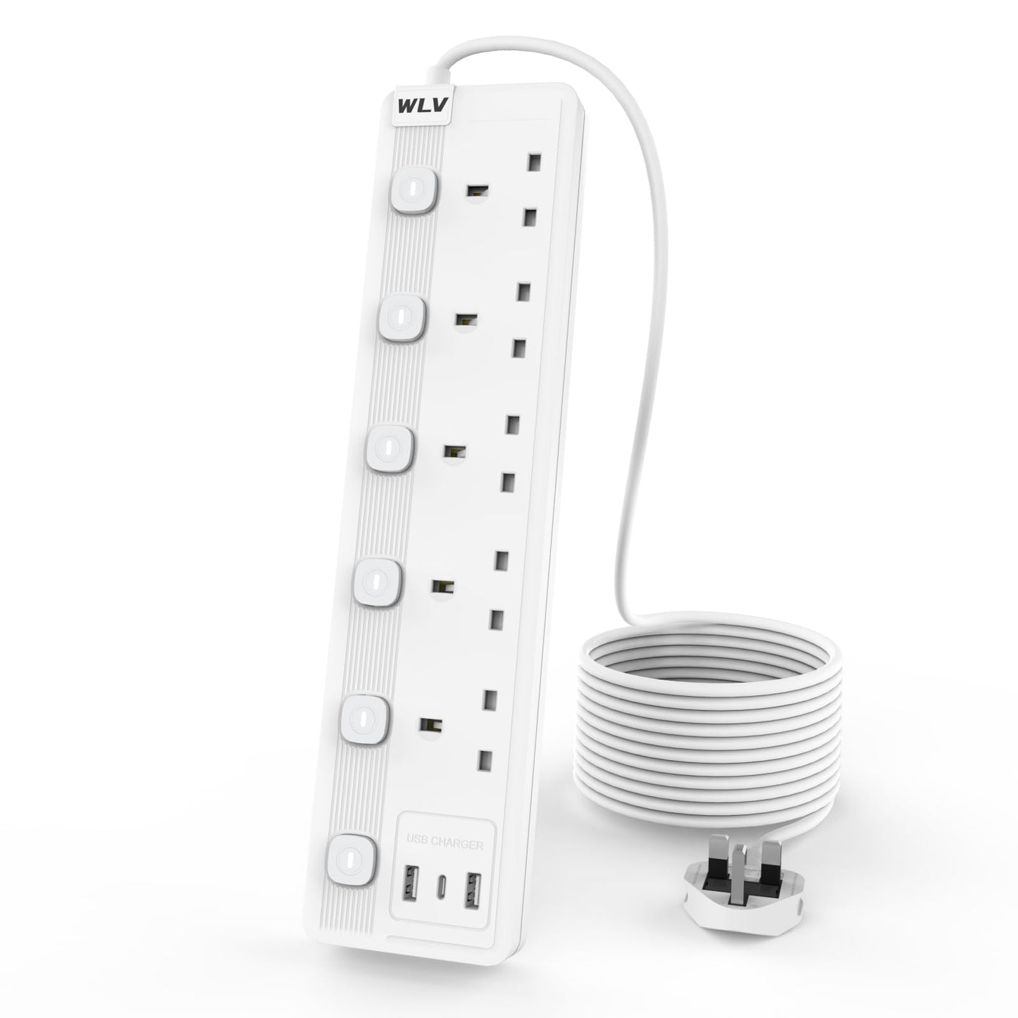 WLV 3M Extension Lead 5 Gang with 3 USB Slots, White Extension Lead with Individually Switch, Wall Mounted Power Strip for Dorm, Kitchen, Living Room,