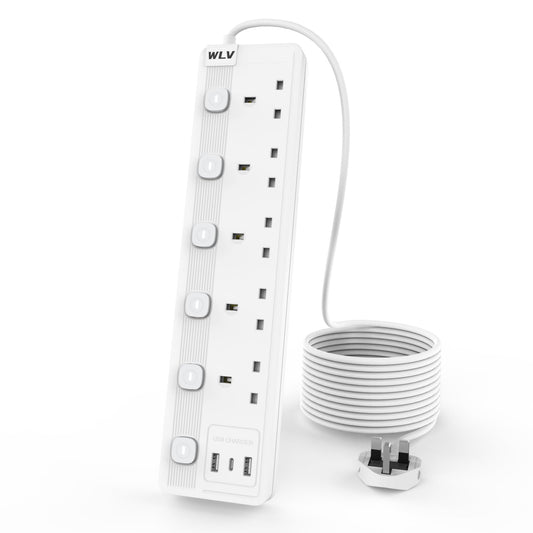 WLV 3M Extension Lead 5 Gang with 3 USB Slots, White Extension Lead with Individually Switch, Wall Mounted Power Strip for Dorm, Kitchen, Living Room,