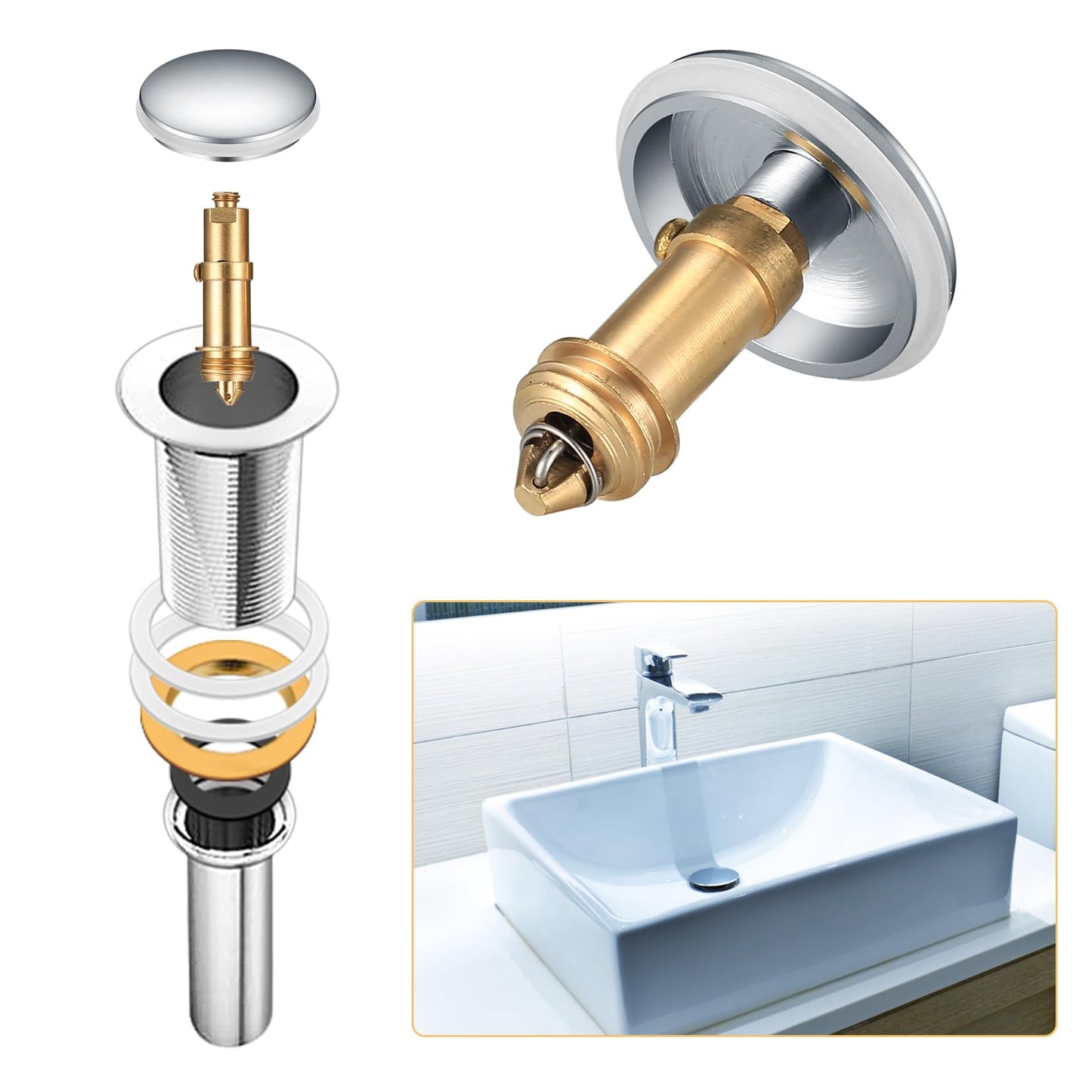 Zhujiehigh 2 Pcs Brass Click Clack Pop Up Sink Plug with Strainer, 38mm