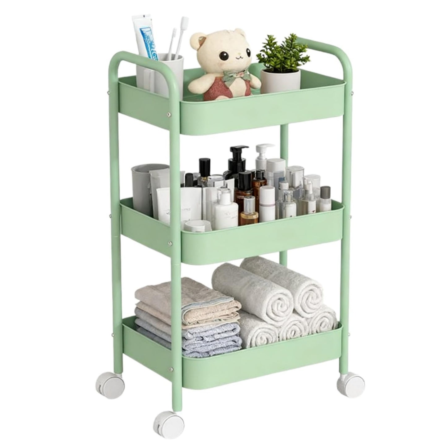 Siocok 3 Tier Metal Storage Trolley on Wheels, Storage Cart, Rolling Utility Cart, Easy Assembly for Home Kitchen, Bathroom Laundry and Office (Green)
