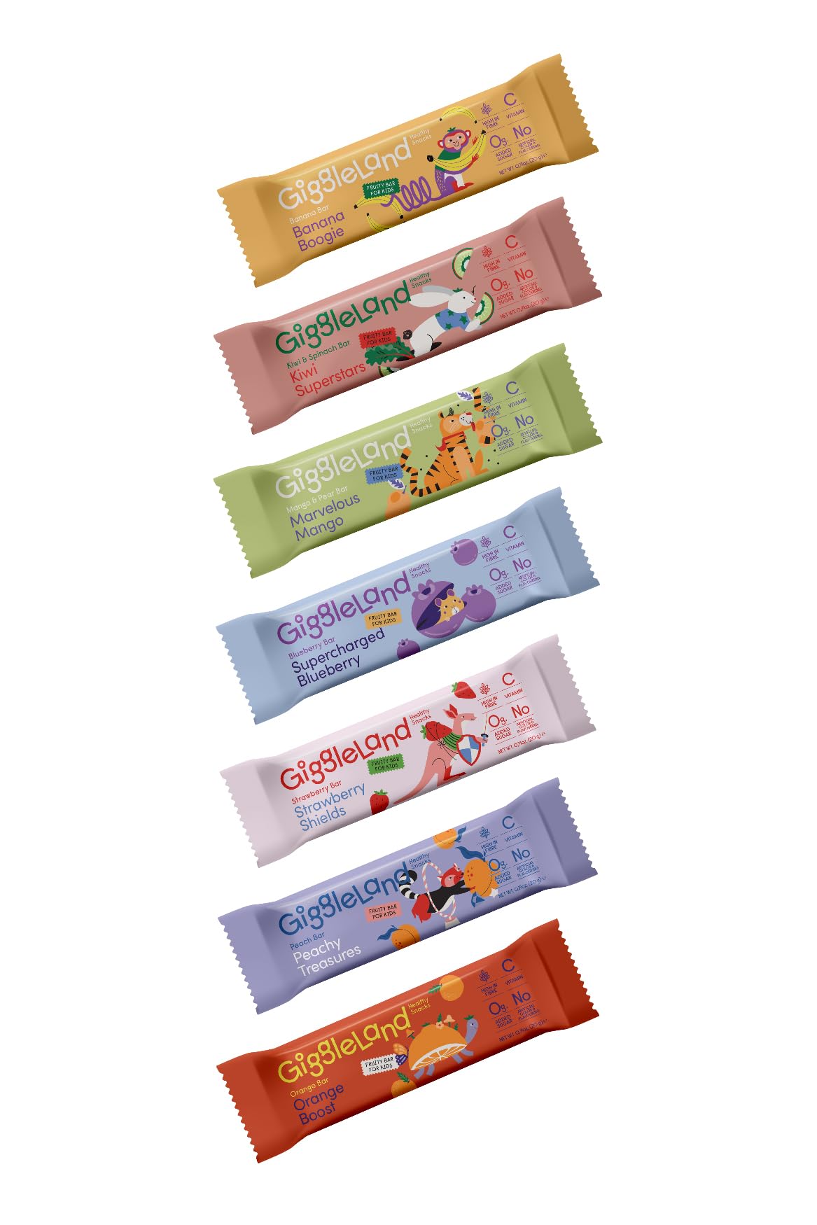 Giggleland - Lunch Box Snacks Multipack Fruity Bar - 7 x 20 g, KIWI-SPINACH, PEACH, STRAWBERRY, MANGO, ORANGE, BANANA, BLUEBERRY, Kids Snack, Fruit