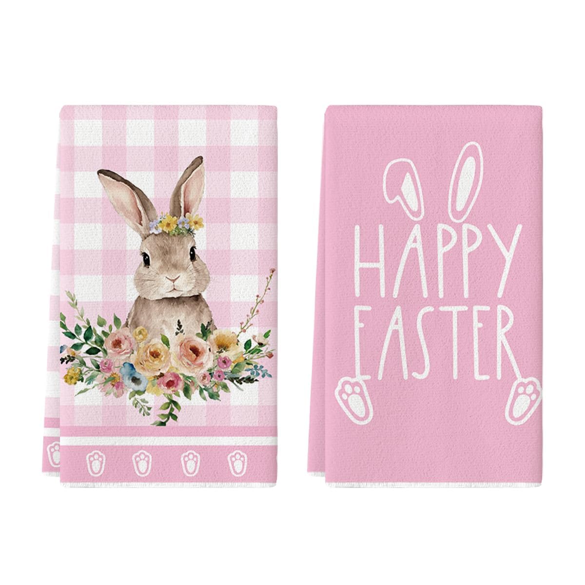 Artoid Mode Pink Buffalo Plaid Flowers Rabbit Happy Easter Kitchen Towels Dish Towels, 42x65 cm Spring Polyester Decoration Hand Towels Set of 2