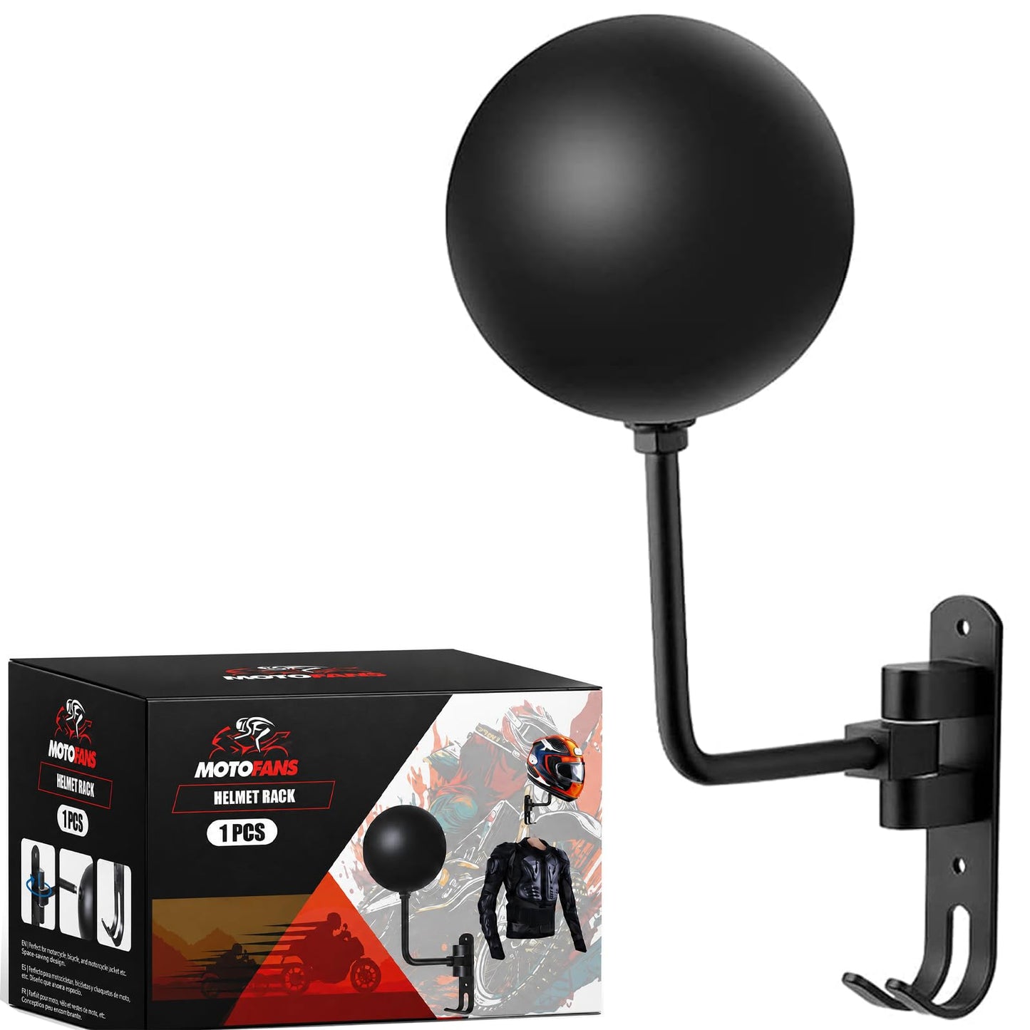 motofans Helmet Stand, Rotation Metal Helmet Holder Wall Mount, Helmet Holder Bike with 2 Hooks Helmet Hanger for Motorbike, Caps, Baseballs