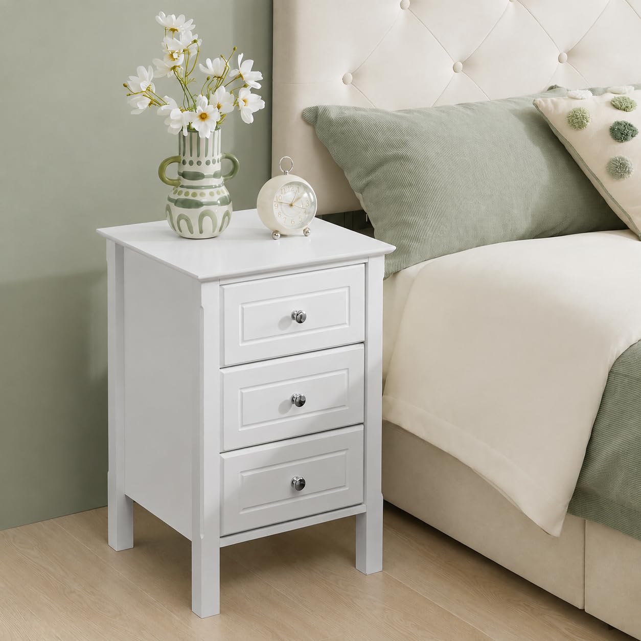 Yaheetech Bedside Table with 3 Drawers, White