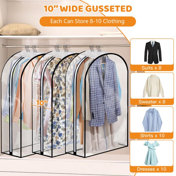 4 Pack Clear Garment Bags 40" with 10" Gusset for Coats, Suit, Jackets