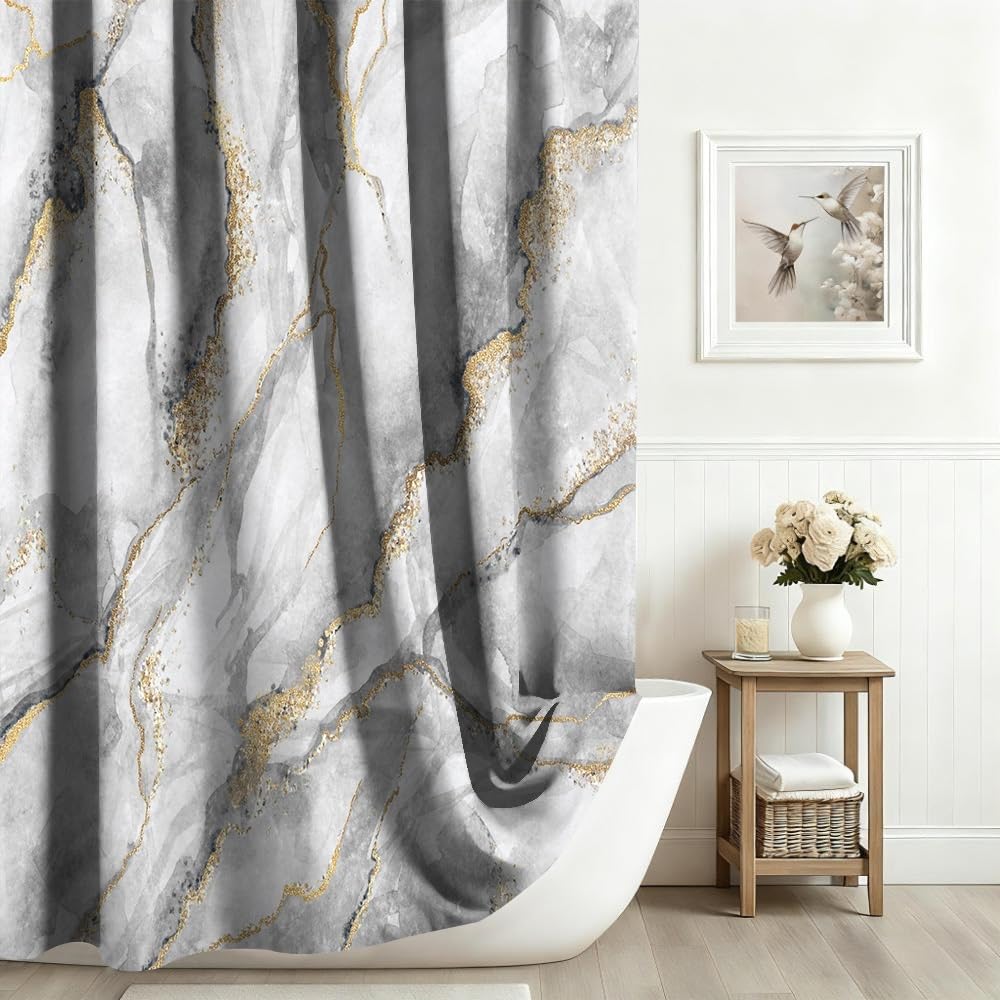 Xiaoterna Marble Shower Curtain 3D Grey Gold Bathroom Curtain Luxury Modern Abstract Grey Marble Golden Dots Water Repellant Machine Washable Shower
