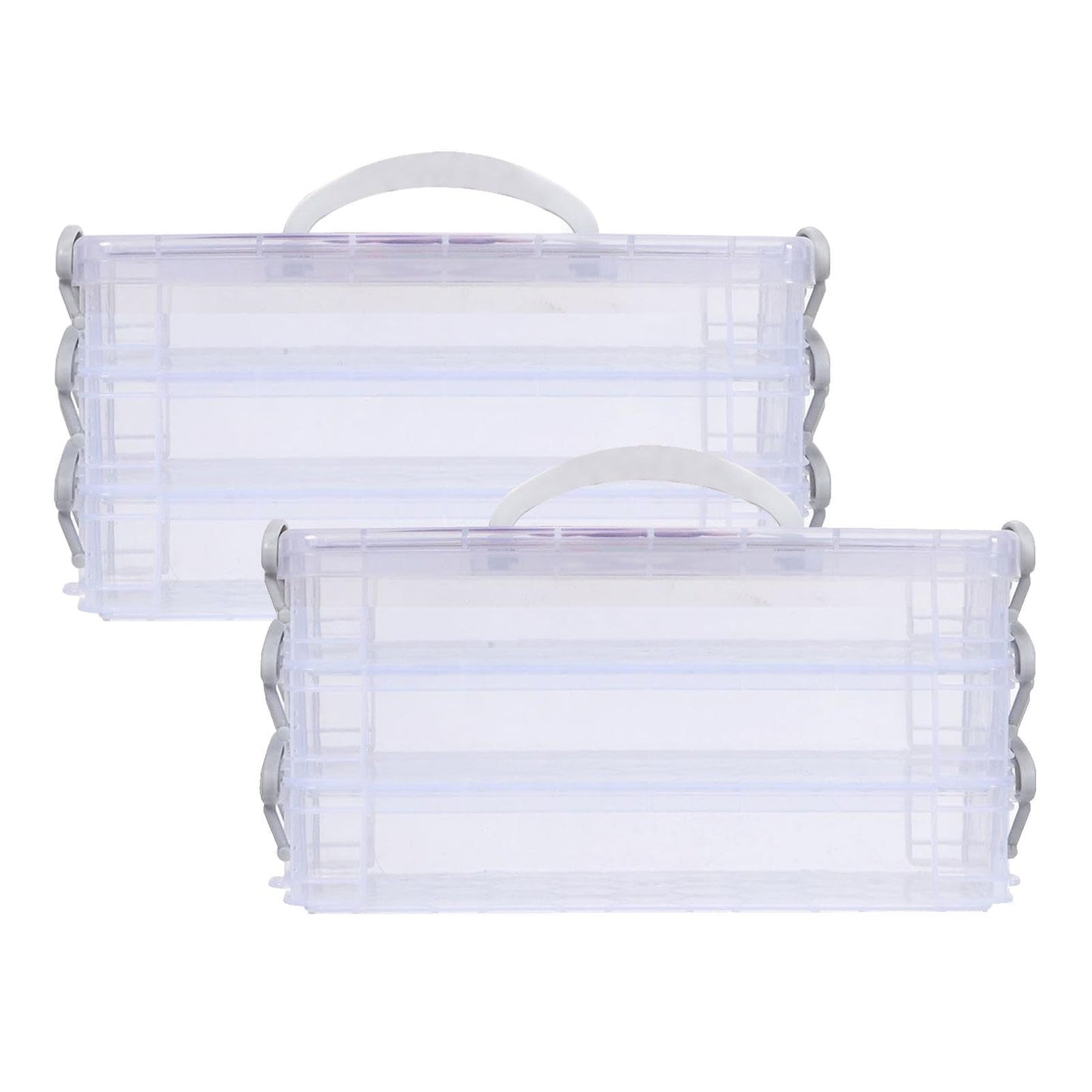AUTUUCKEE 2pcs Craft Storage Box with Lid, 3 Tier Clear Plastic Storage Box with Handle, Portable Pencil Case Pen Storage