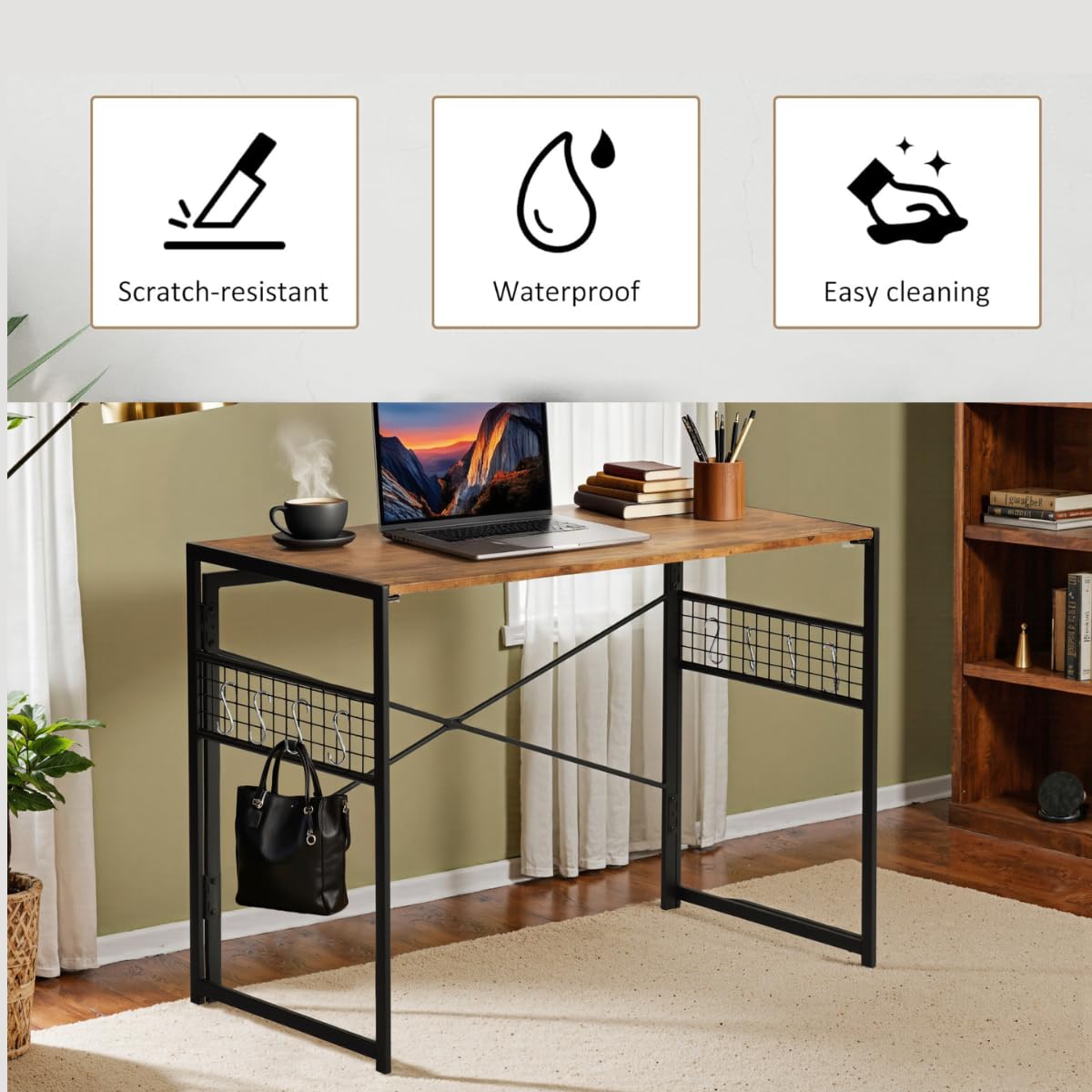 FurnitureR Folding Computer Desk 100x50cm, No-Screw Assembly Home Office Desk with Removable Tabletop