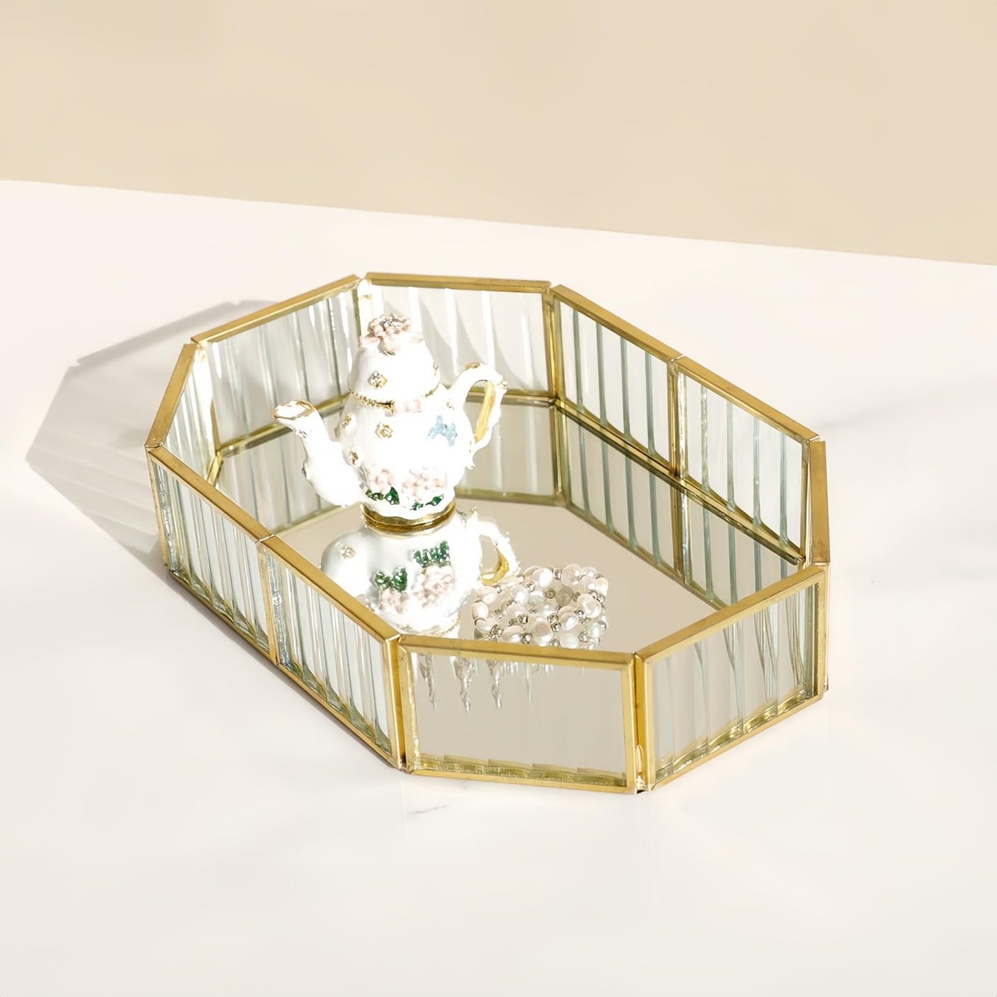 SLHEQING Mirror Tray Gold Vintage Perfume Tray Makeup Jewelry Organizer, Glass Vanity Tray Metal Polygon Tray