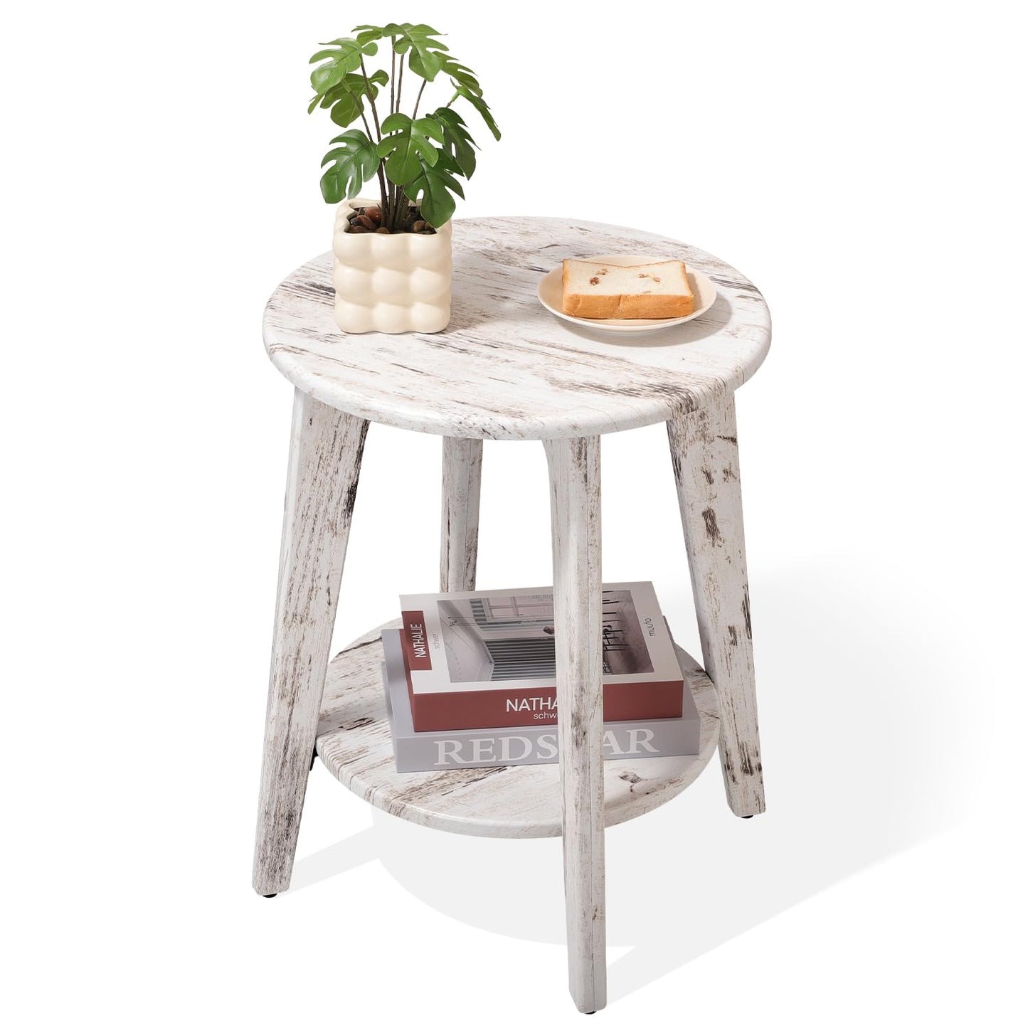 FEUFOAM Round Side Table White Wooden End Table with Lower Shelf Rustic Vintage Nightstand Beside Table Small Accent Tables for Living Room Bedroom