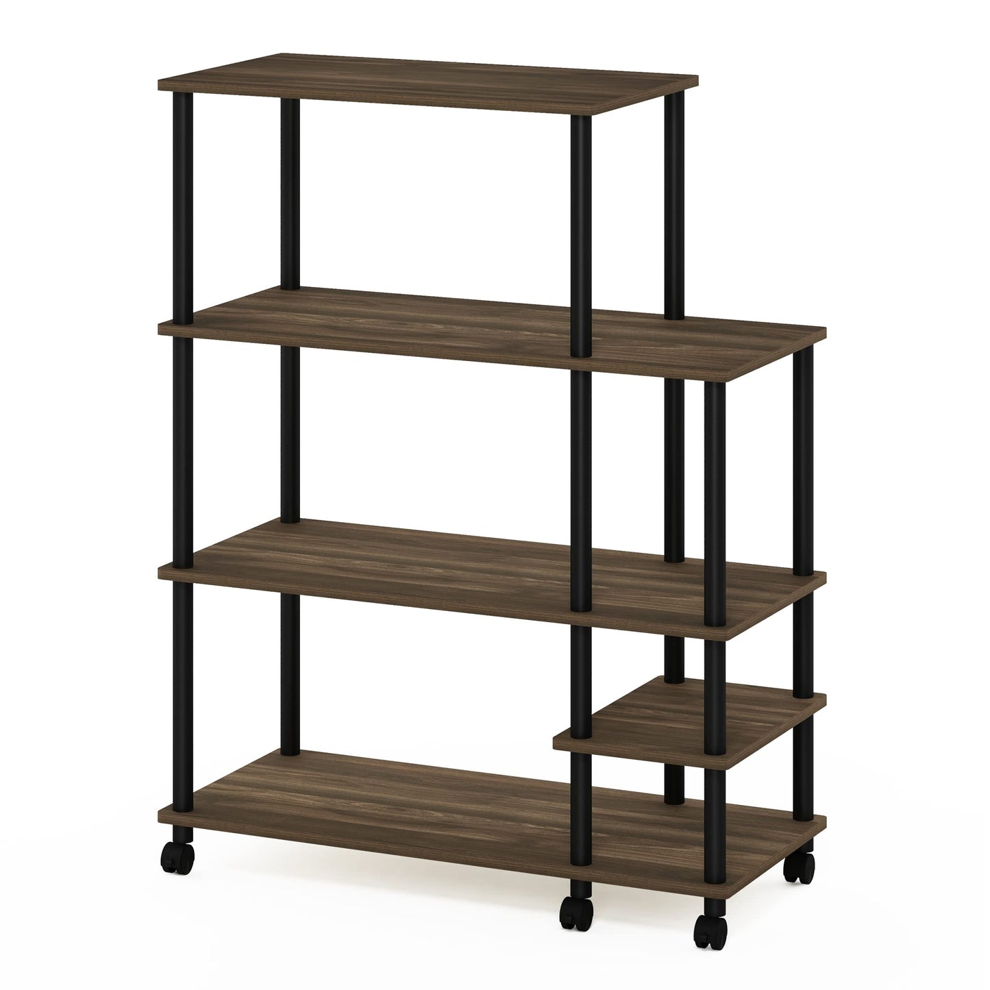 Furinno TURN-N-TUBE Bakers Rack with Wheels, 4-Tier Kitchen Storage Cart, Kitchen Cart, Coffee Bar, Pantry Organizers and Storage, Brown Walnut