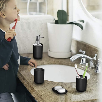 Hosoncovy 4 Pieces Bathroom Accessory Set with Soap Dispenser, Bathroom Cup, Soap Dish ，Toothbrush and Toothpaste Holder Black