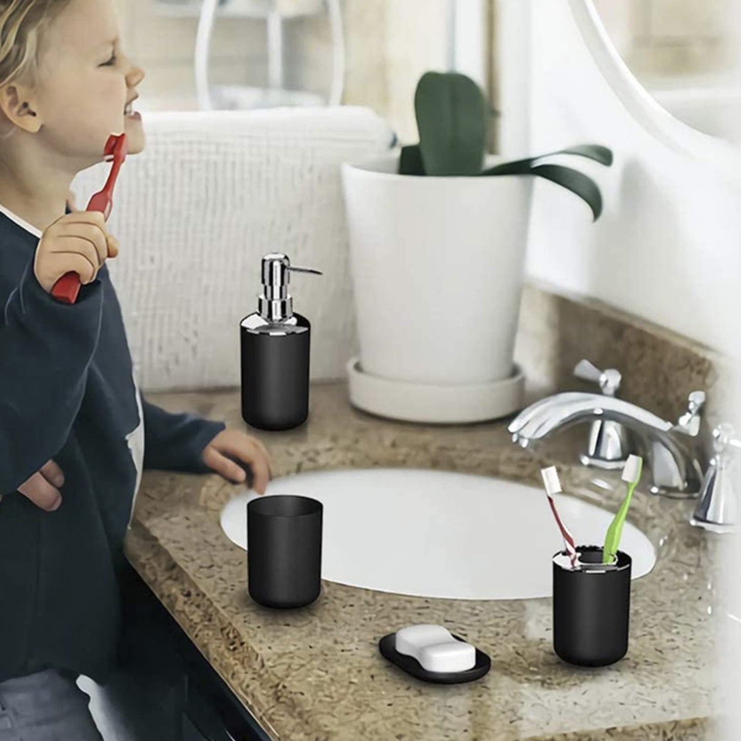Hosoncovy 4 Pieces Bathroom Accessory Set with Soap Dispenser, Bathroom Cup, Soap Dish ，Toothbrush and Toothpaste Holder (Black)