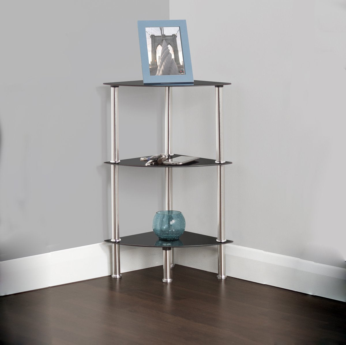MAHARA 3 Tier Chrome Effect Black Corner Glass Shelving Unit - Tempered Safety Glass Shelves Max 5kg - Storage Unit W41cm x D30cm x H61.5cm