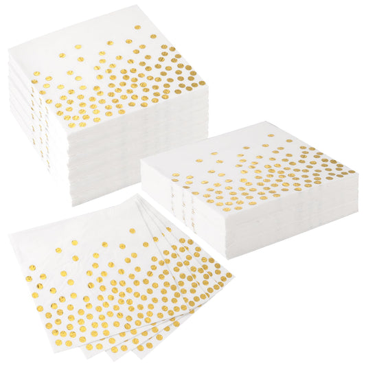 Saerryor 100 PCS White and Gold Dot Napkins, 33 x 33 cm Disposable Serviettes, 60 Count, Paper, 1-Ply, Napkins for Weddings, Baby Showers, Parties