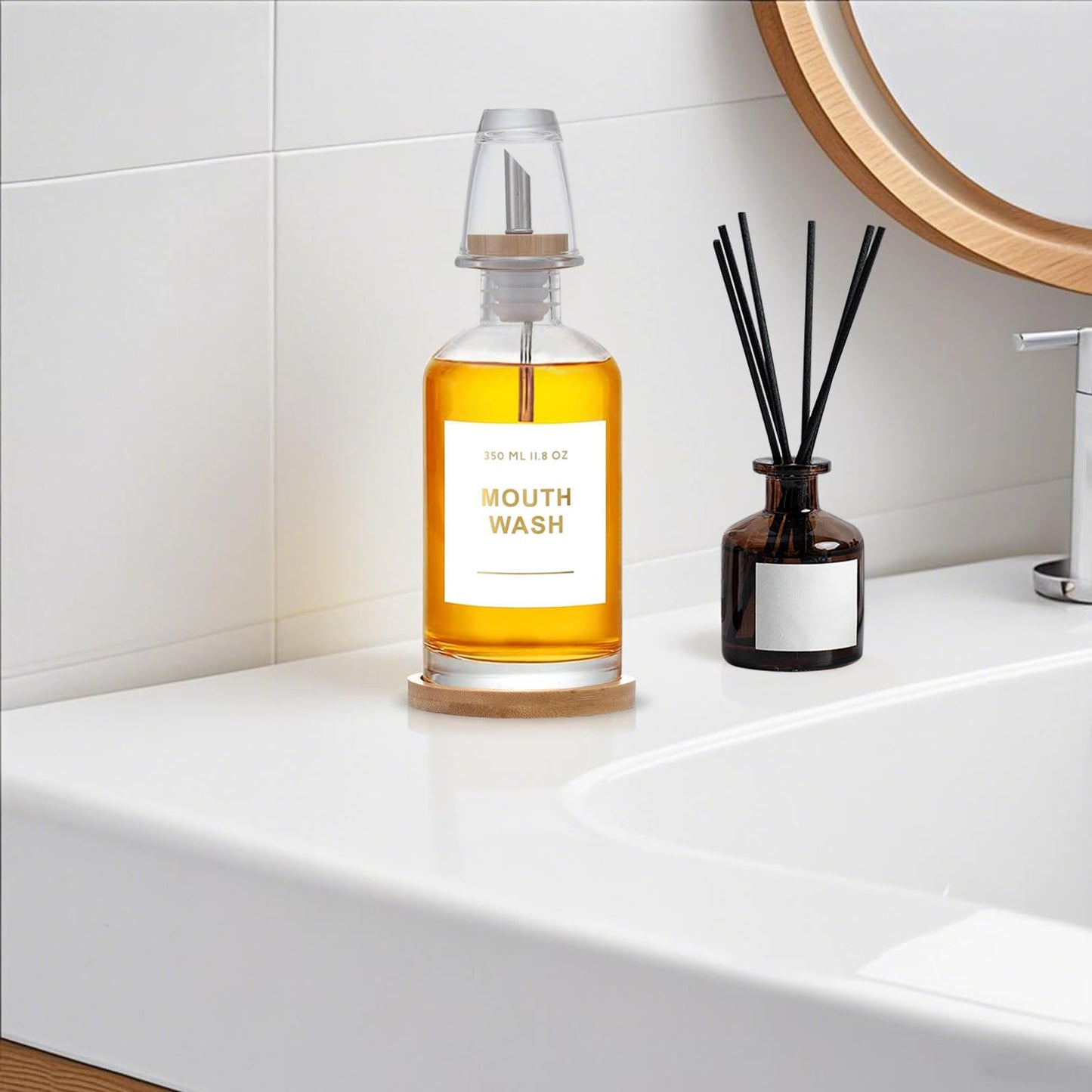 ZhouZGlass 12OZ/350ML Mouthwash Dispenser, Glass Mouthwash Decanter for Bathroom with Stainless Steel & Bamboo Nozzle, Reusable Mouthwash Cup