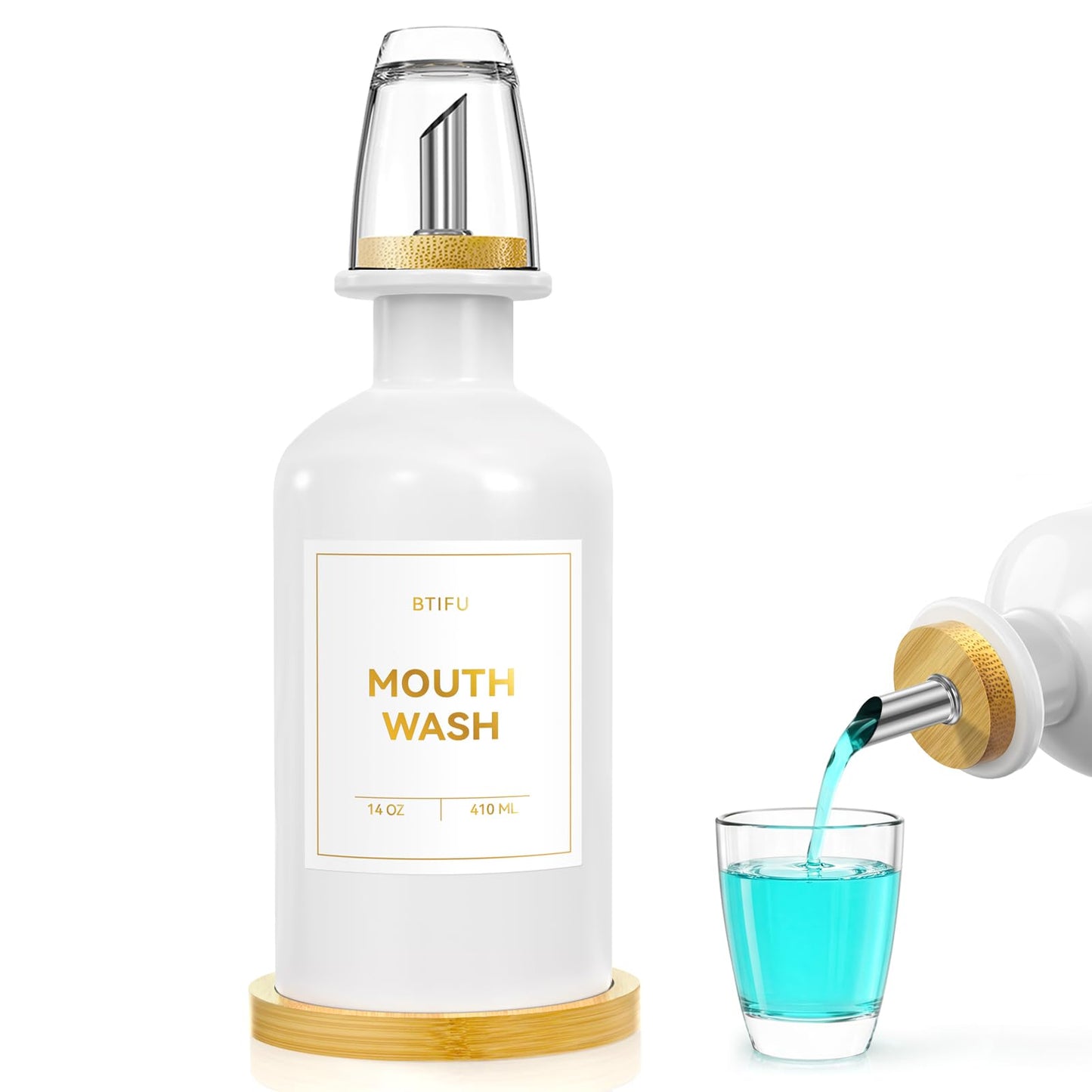 Glass Mouthwash Dispenser for Bathroom – 410ml Refillable Mouthwash Container with 2 Glass Cups & Bamboo Tray, Countertop Mouth Wash Dispensers
