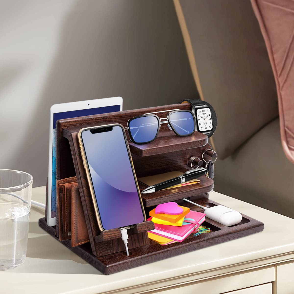 AliveByte Men's Bedside Organiser - Wooden Phone Docking Station & Table Organiser - Brown - 3 Levels - Easy Assembly - Gift for Him