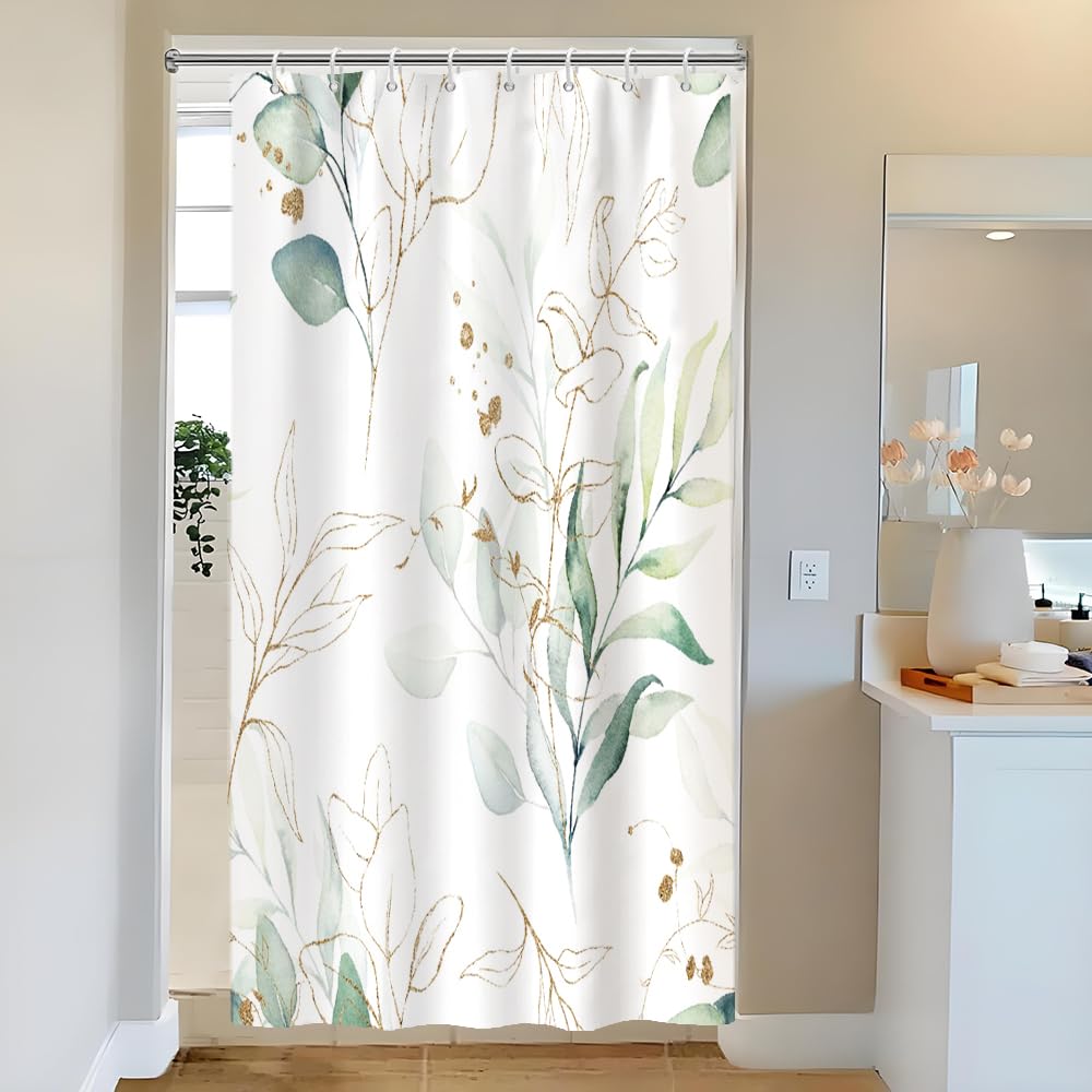 Uiiooazy Eucalyptus Shower Curtain, Sage Green Gold Leaves Pattern Bath Curtain Mildew and Mould Resistant Waterproof Polyester Fabric Washable