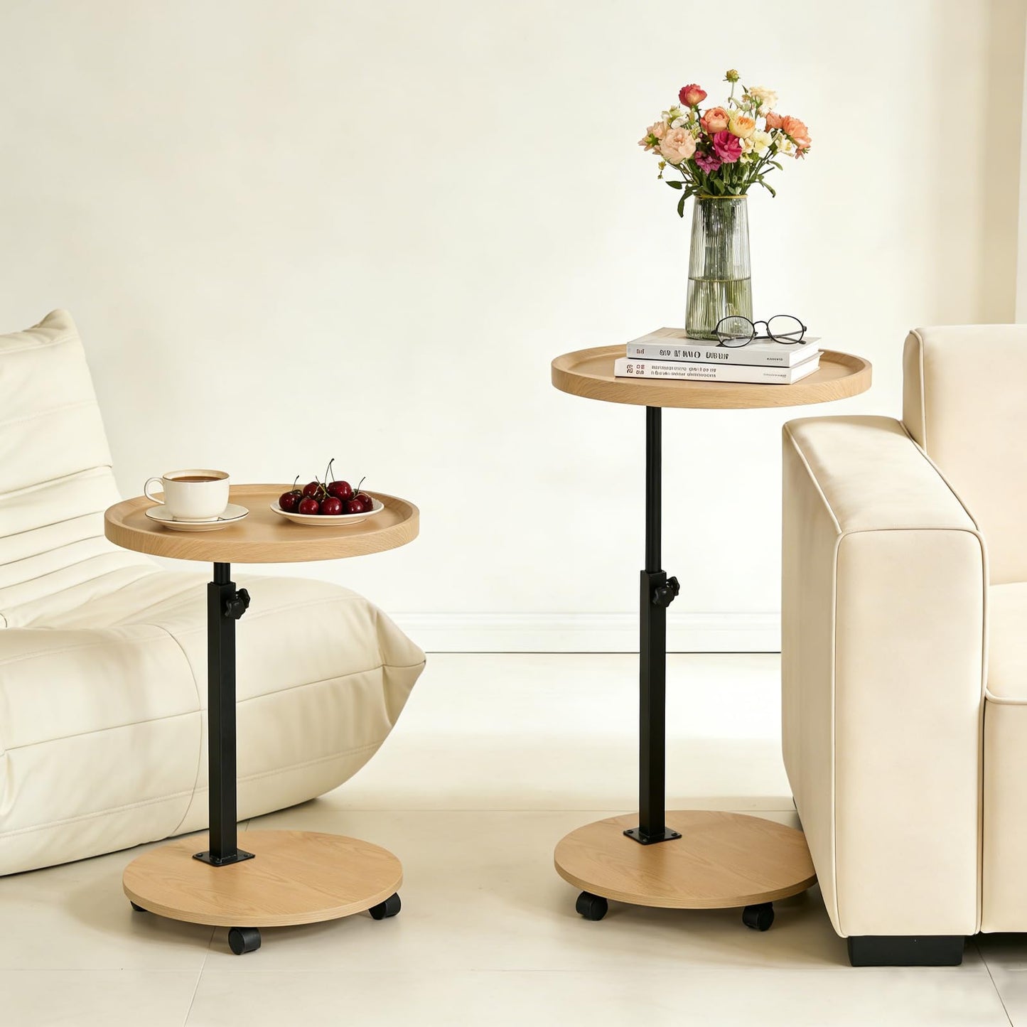 YYW C Shaped End Table Adjustable Height, Couch Tables That Slide Under for Small Spaces, 360°Swivel TV Tray Table