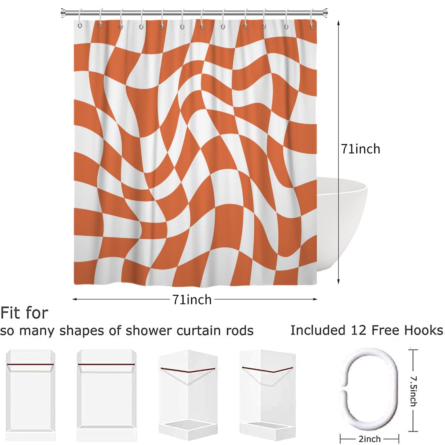 Hnmdmyi Orange Groovy Checkerboard Shower Curtain 180x180, 70s Retro Modern Abstract Psychedelic Groovy Wavy Aesthetic Hippie Funky Waterproof