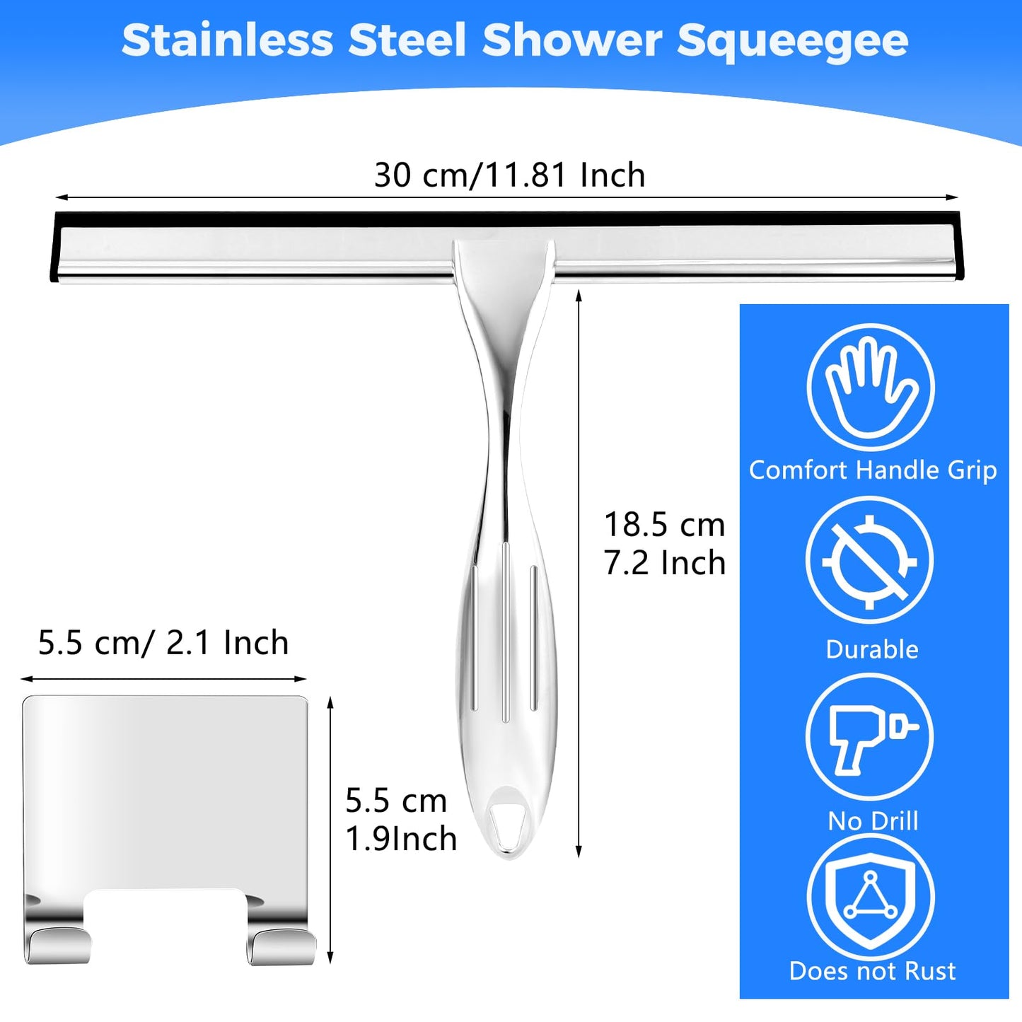 wlich Shower Squeegee, 12 Inch Stainless Steel Window Squeegee with 1 Hook
