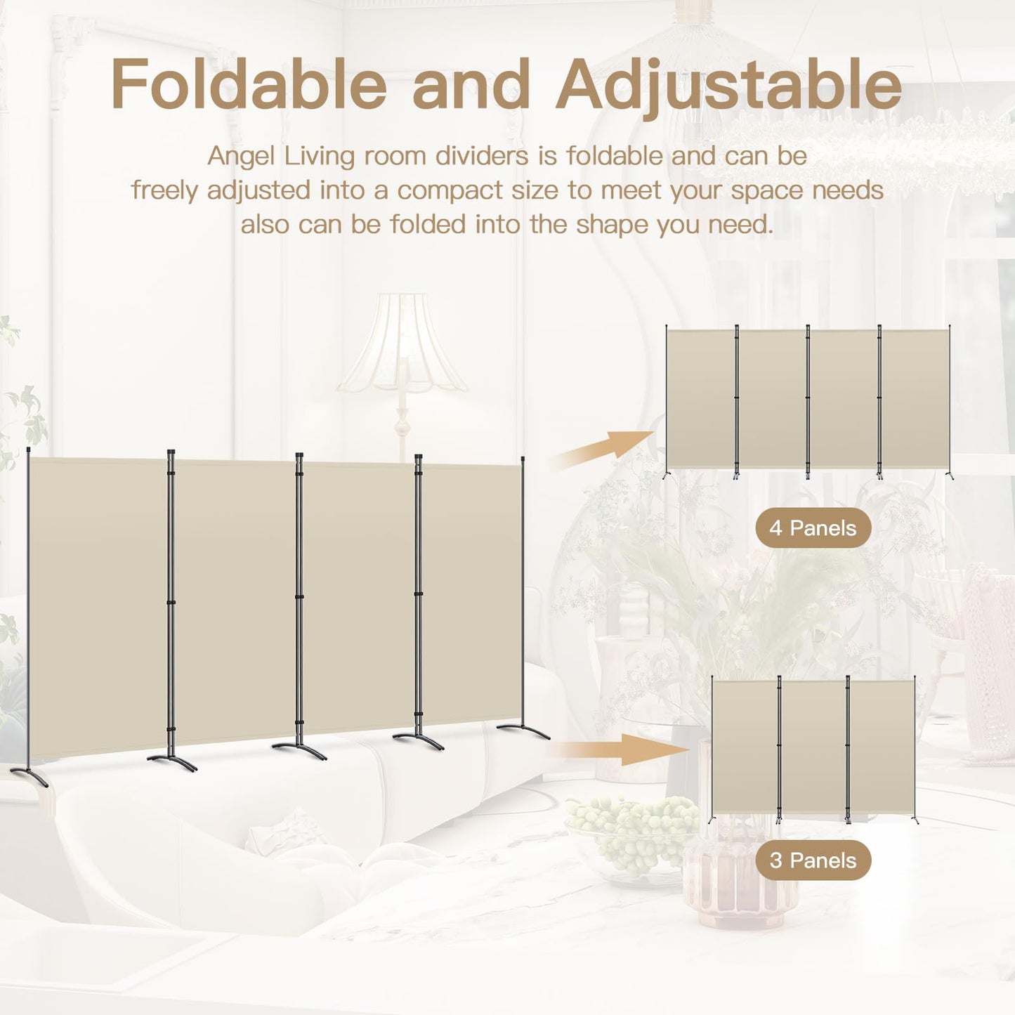 Angel Living 4 Panels Folding Room Divider | Privacy Screen with Polyester Fabric & Sturdy Iron Frame | Freestanding Partition for Office, Bedroom