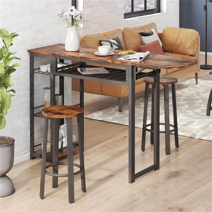 Bestier Bar Table and Chair Set, Expandable Dining Table with 2 Bar Stools, Industrial Kitchen Counter with Wine Rack & 3 Tier Adjustable Storage