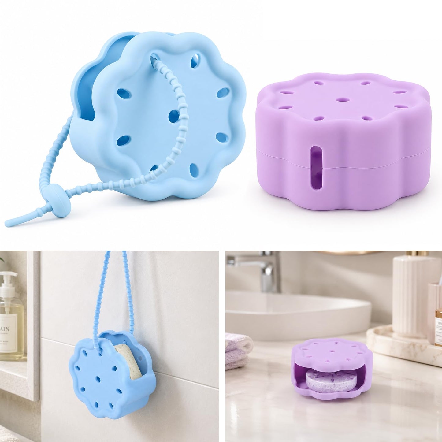 Peybaiwy 2 Packs Silicone Shower Steamer Tray with Adjustable Strap Steamer Holder Bath Bomb Organizer Aromatherapy Diffuser Containers Bathroom