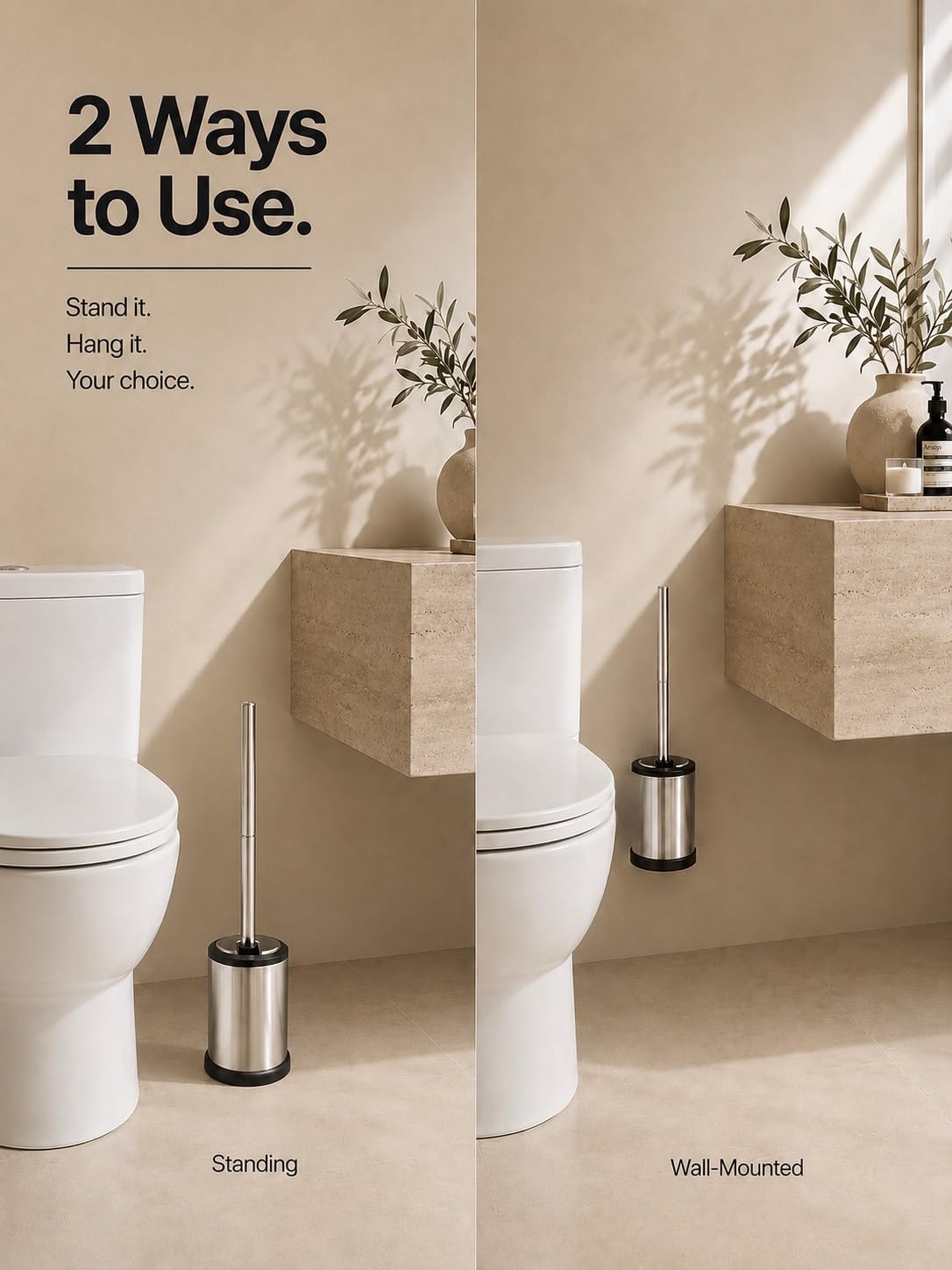 Silicone Toilet Brush and Holder Set | Freestanding or Wall Mounted Loo Brush | Hygienic TPR Bristles with Hidden Tweezers | White | Galatians®