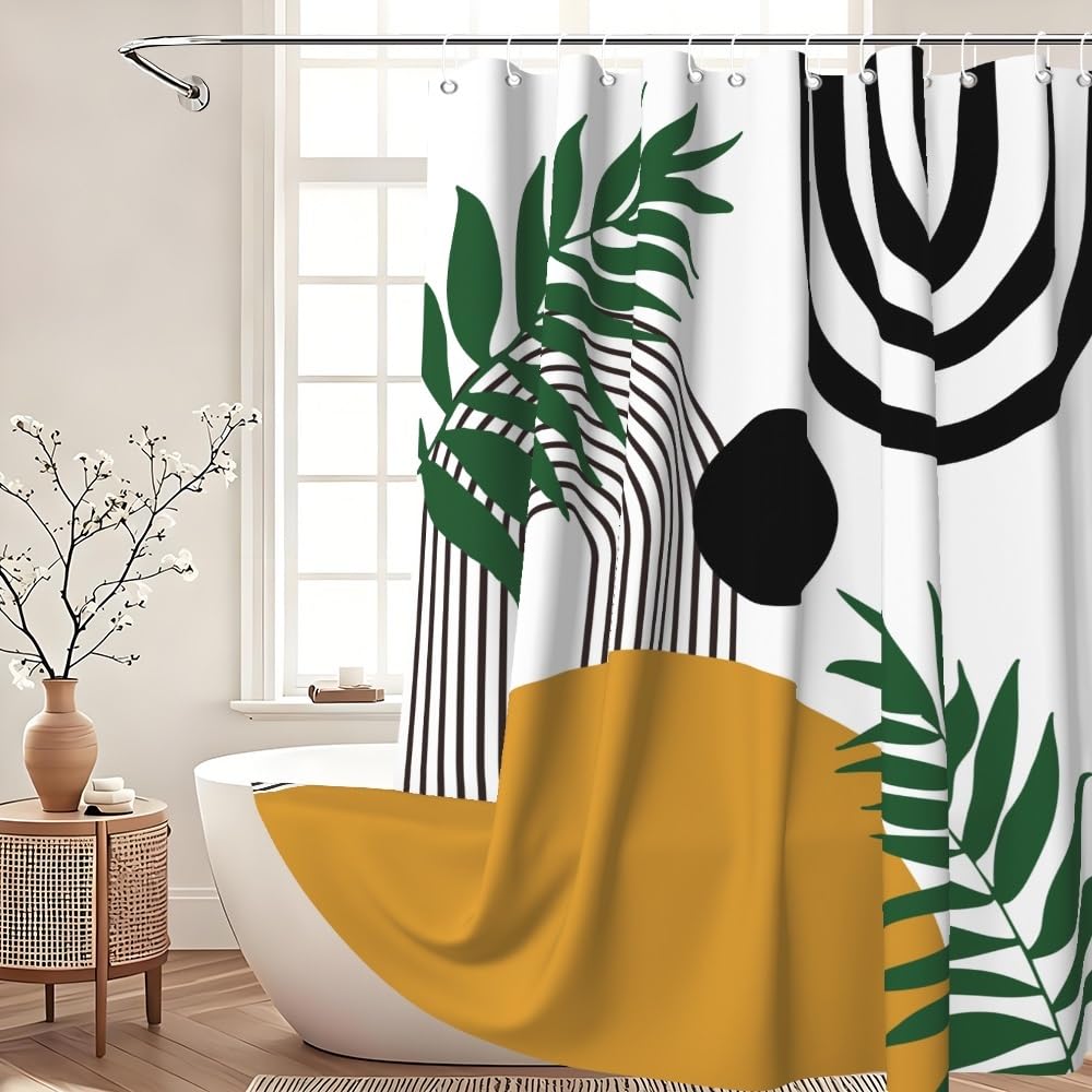Xiaoterna Boho Shower Curtain Rustic Black Arch Lines Green Leaves Bathroom Curtain Retro Abstract Sun Leaves Lines White Waterproof Machine Washable