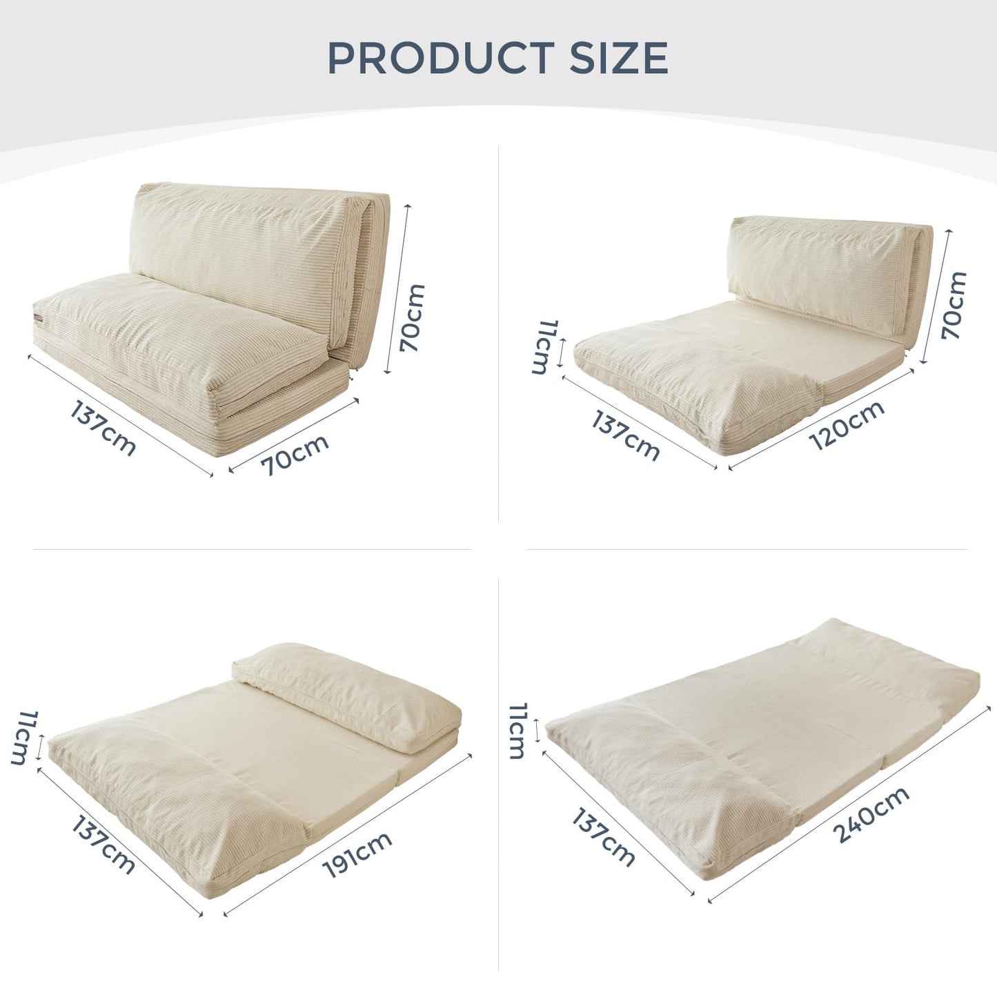 MAXYOYO Folding Corduroy Sofa Bean Bag Bed Chair Foam Filling Extra Thick 4 Fold Floor Couch Matress for Adults