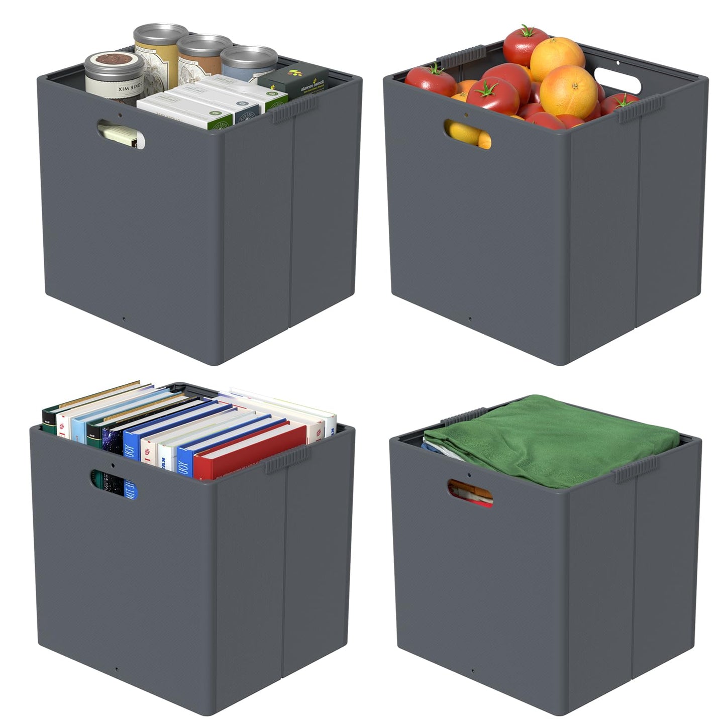 Vadidiya 4-Packs Foldable Plastic Storage Cubes Boxes with Handle, Grey