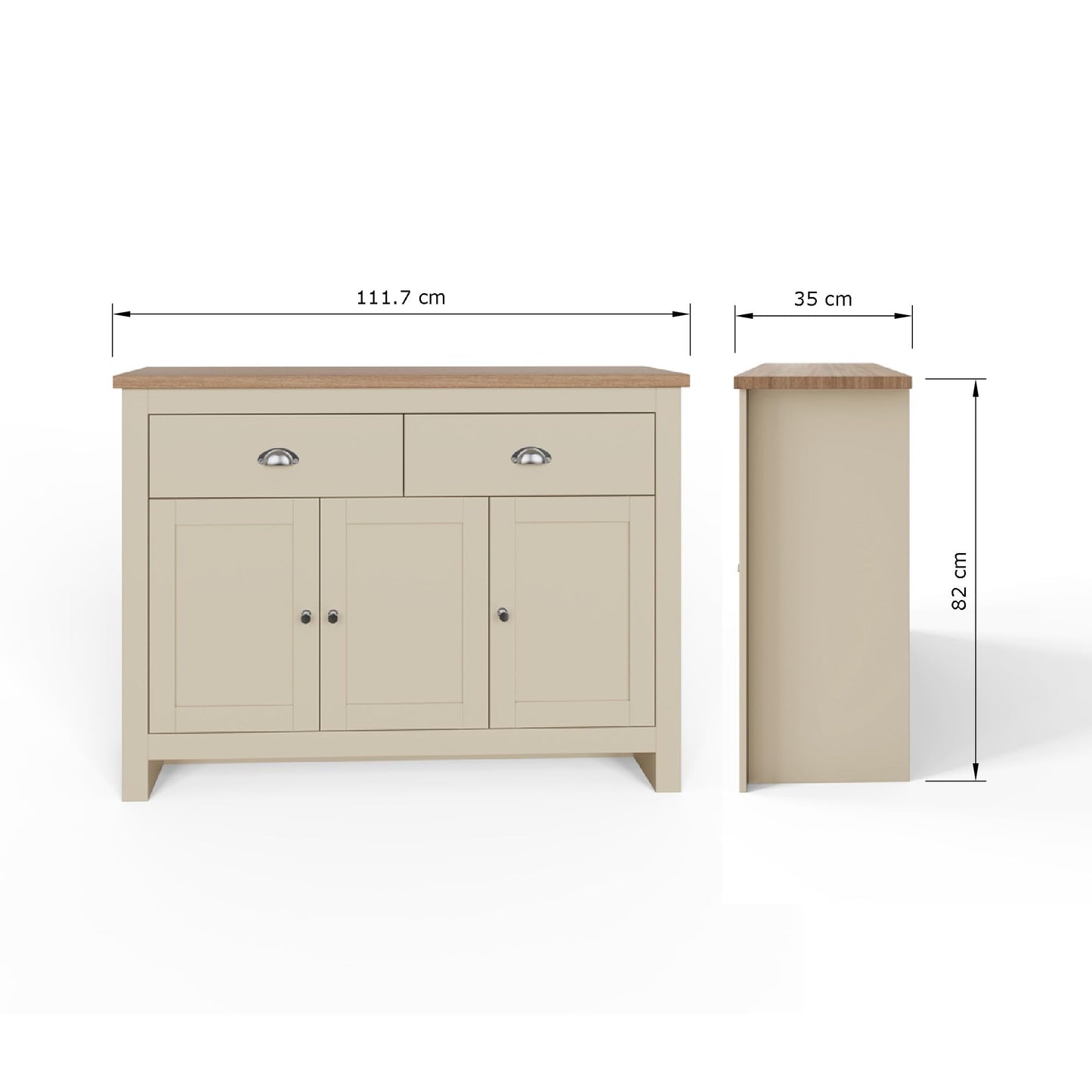 GFW Lancaster Large Sideboard, Cream and Oak Effect Storage Cabinet with 3 Doors and 2 Drawers, Country Cottage Living Room and Dining Room Furniture