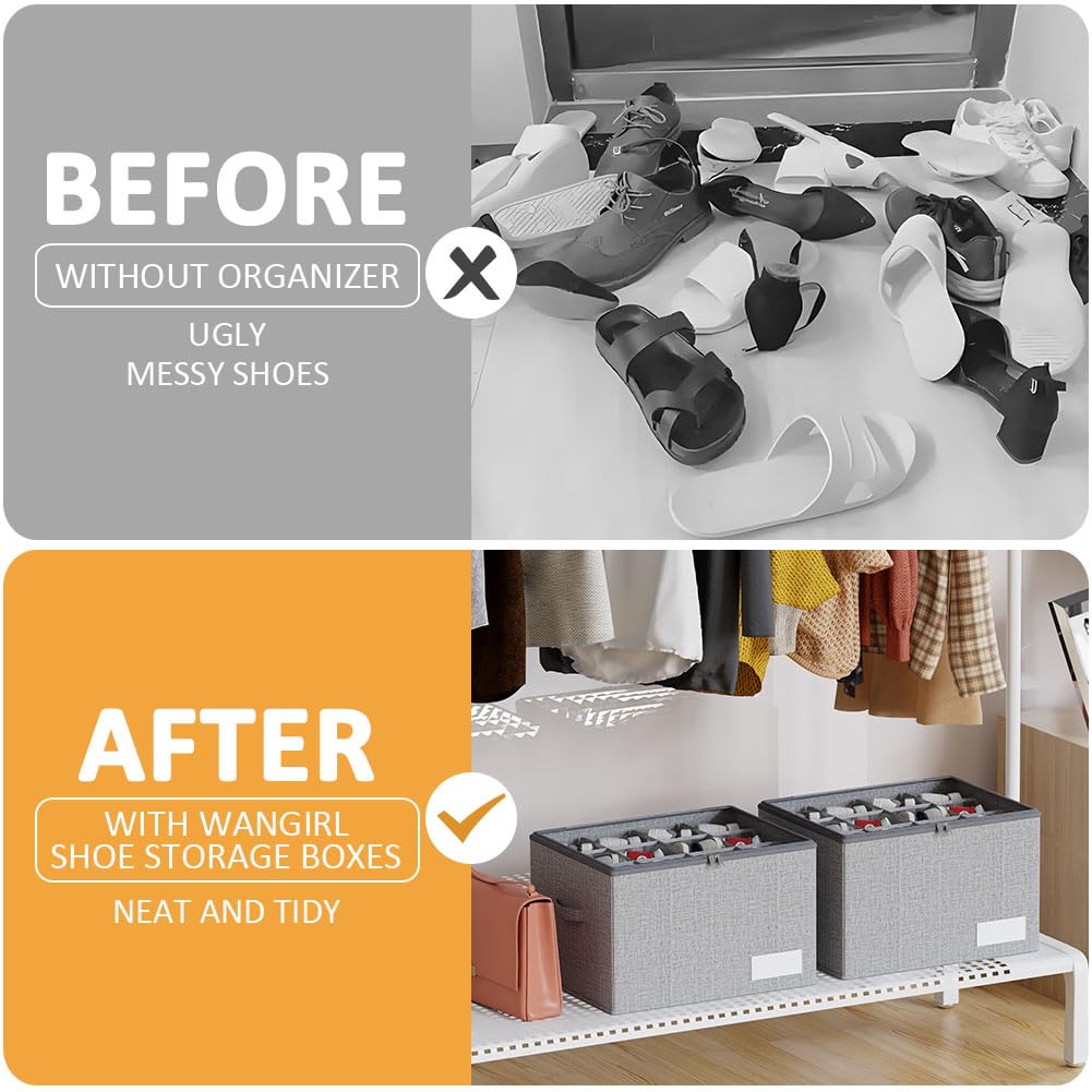 WANGIRL Fabric Shoe Storage Box, Fits 12 Pairs, Foldable Shoe Organiser for Wardrobe with Clear Lids, Bottom Support and Reinforced Handles