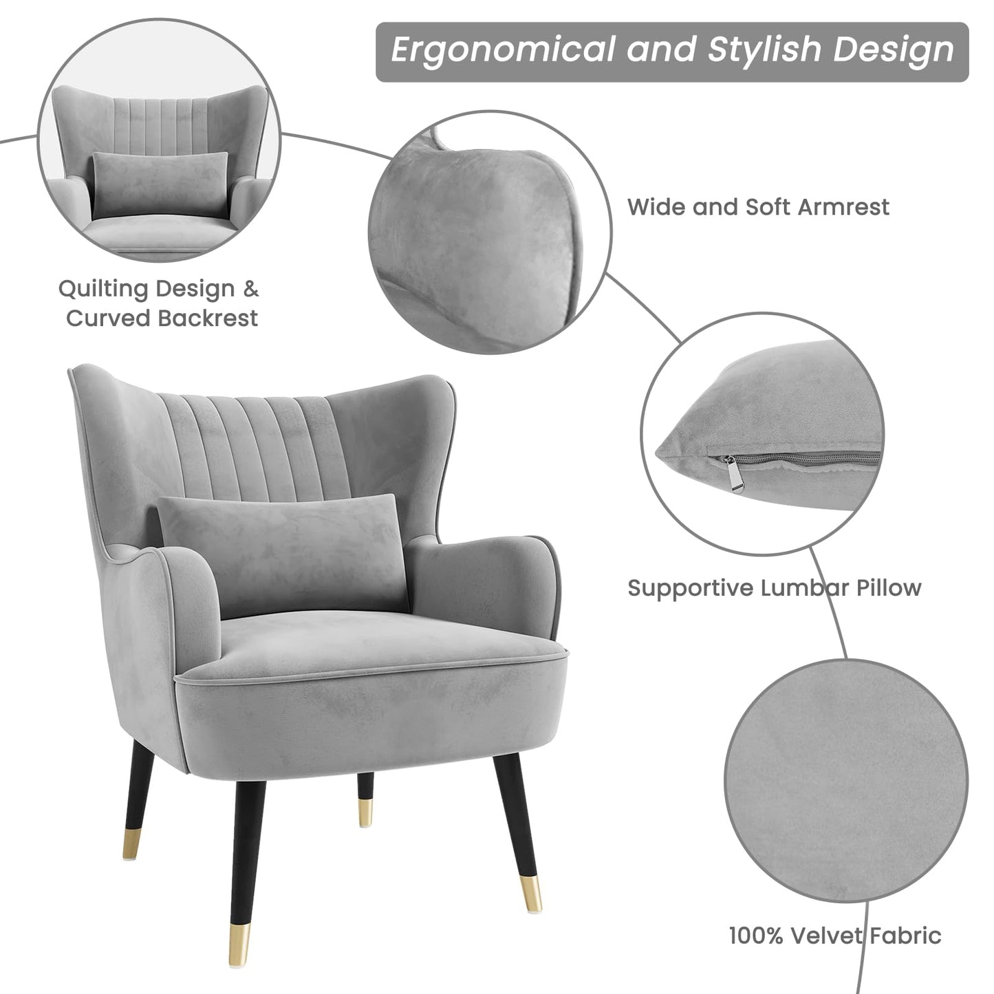 Vesgantti Velvet Accent Chair with Lumbar Pillow, Wing Back Large Armchair